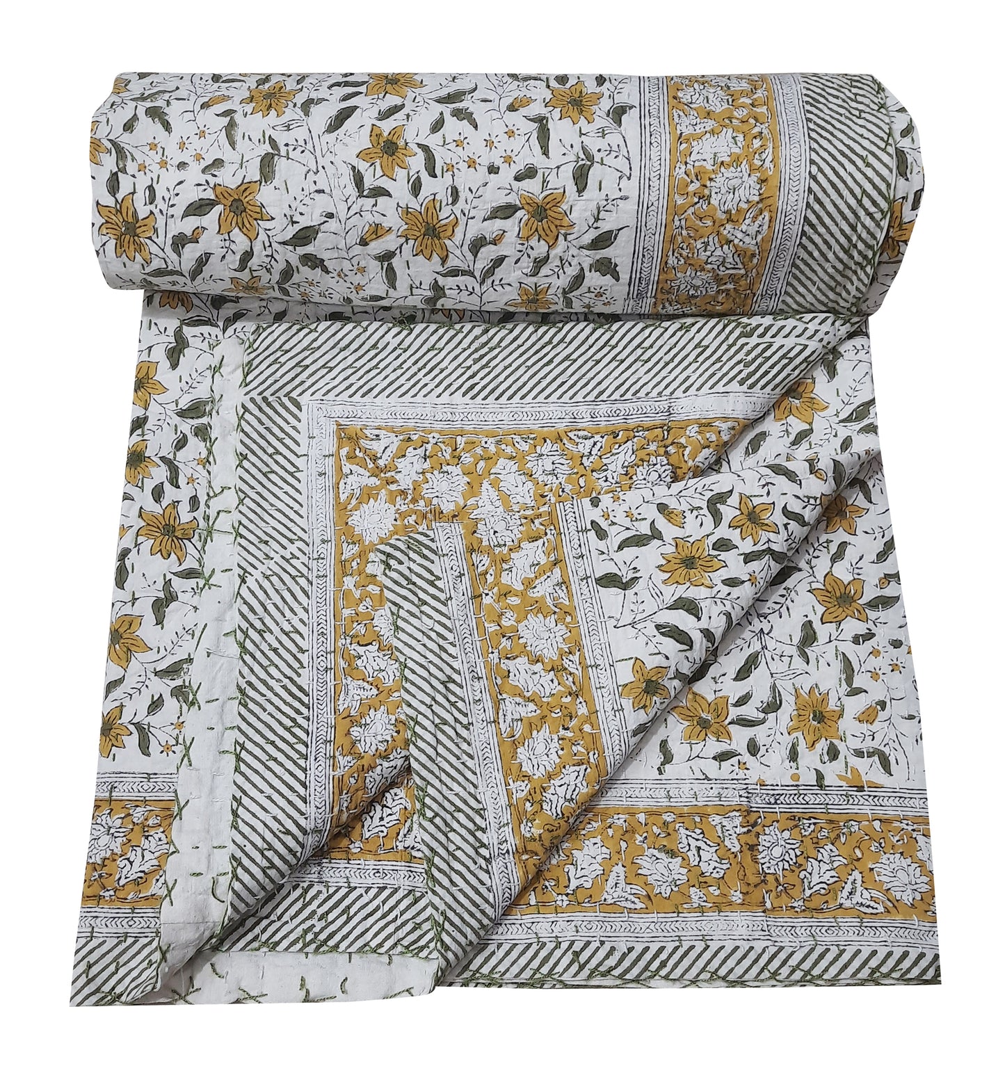 Handmade Cotton Kantha Bedspread Quilt Handmade Throw Blanket Gudari Traditional block Printed