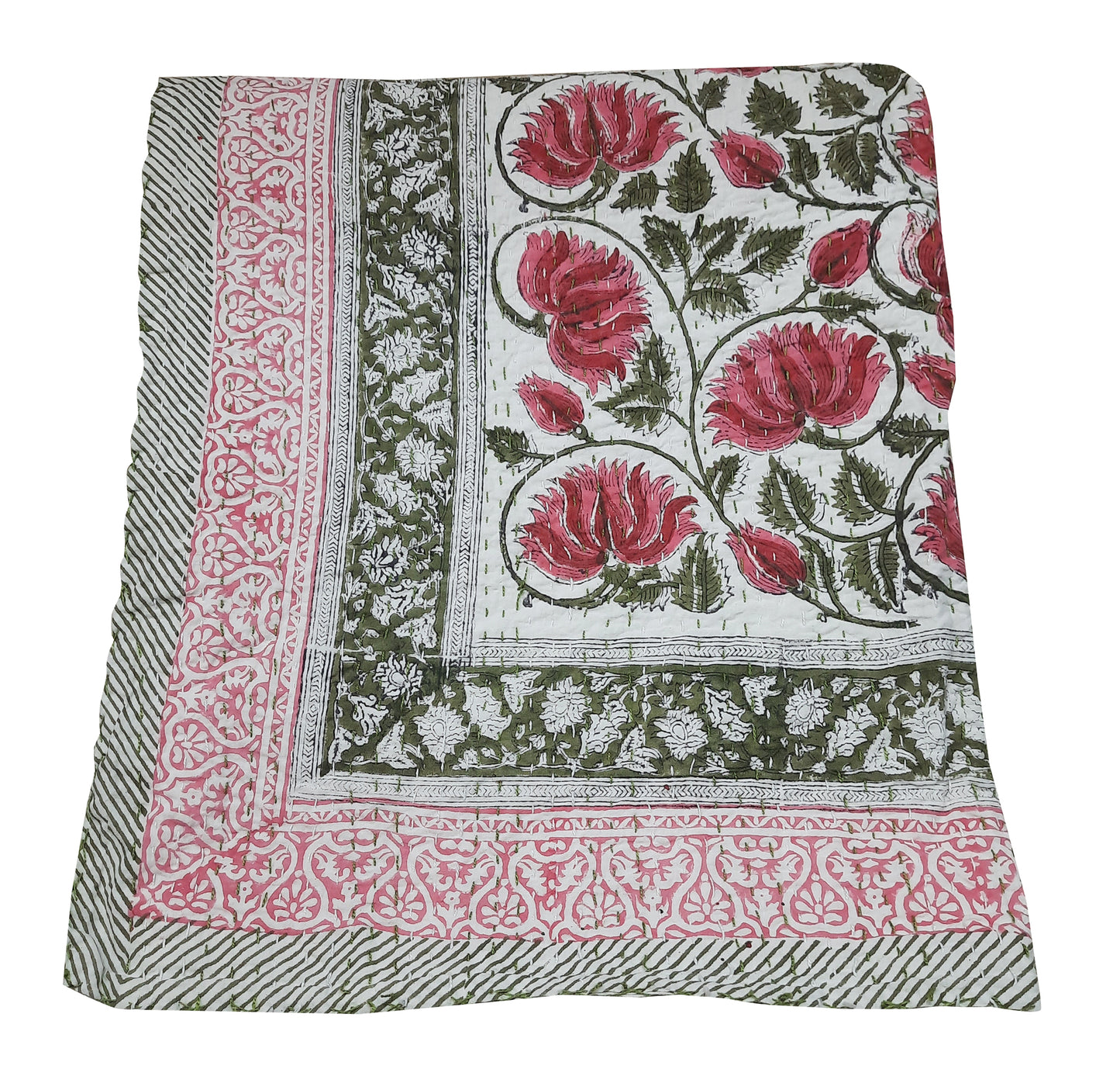 Handmade Cotton Kantha Bedspread Quilt Handmade Throw Blanket Gudari Traditional block Printed