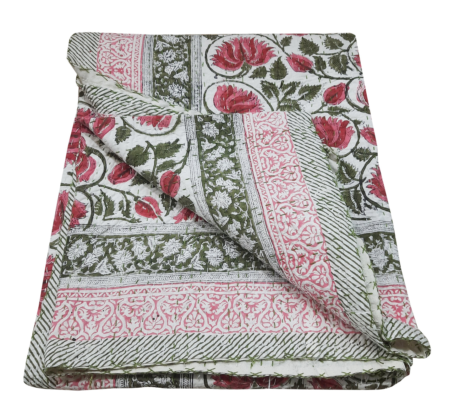 Handmade Cotton Kantha Bedspread Quilt Handmade Throw Blanket Gudari Traditional block Printed