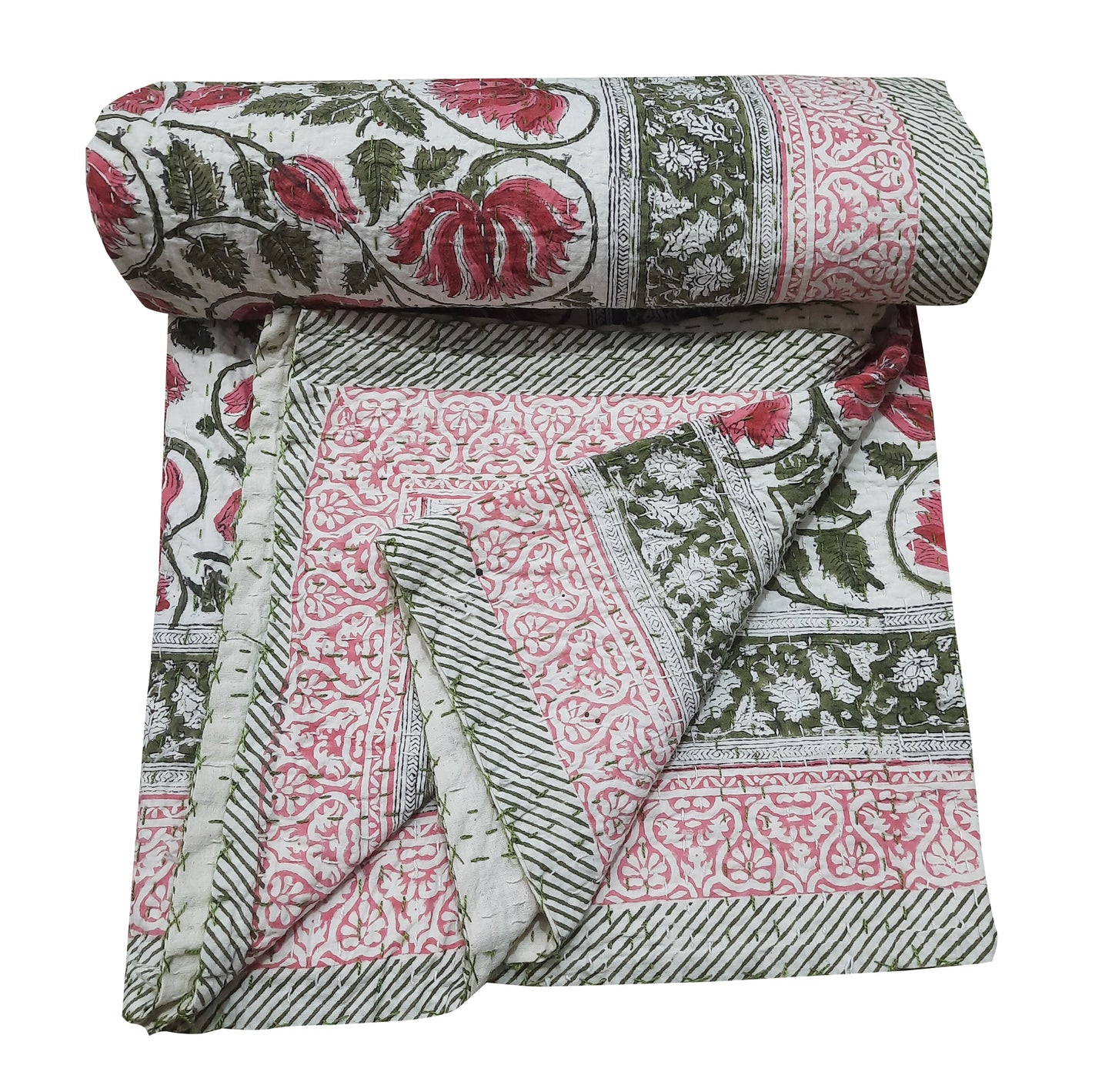 Handmade Cotton Kantha Bedspread Quilt Handmade Throw Blanket Gudari Traditional block Printed