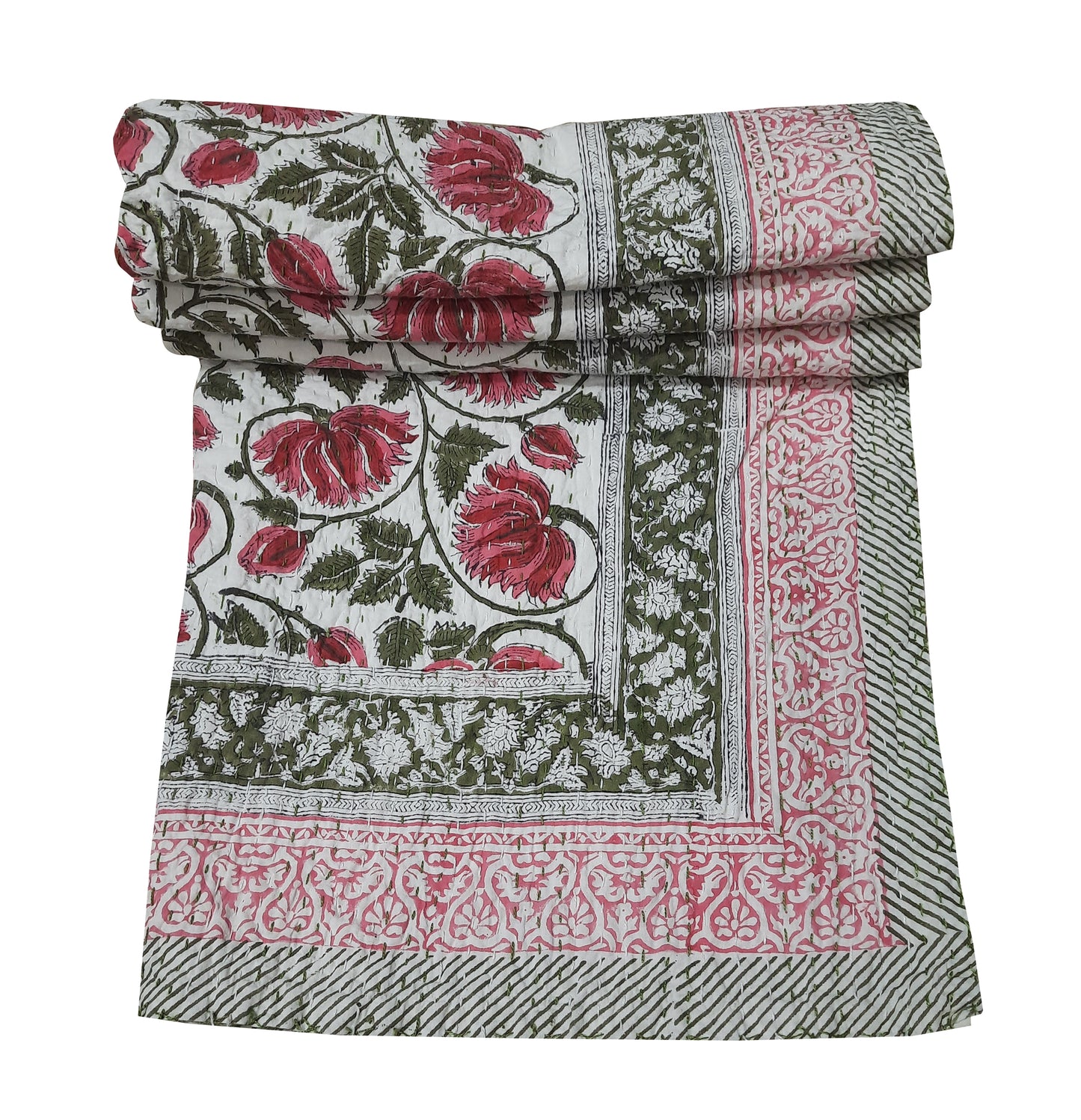 Handmade Cotton Kantha Bedspread Quilt Handmade Throw Blanket Gudari Traditional block Printed
