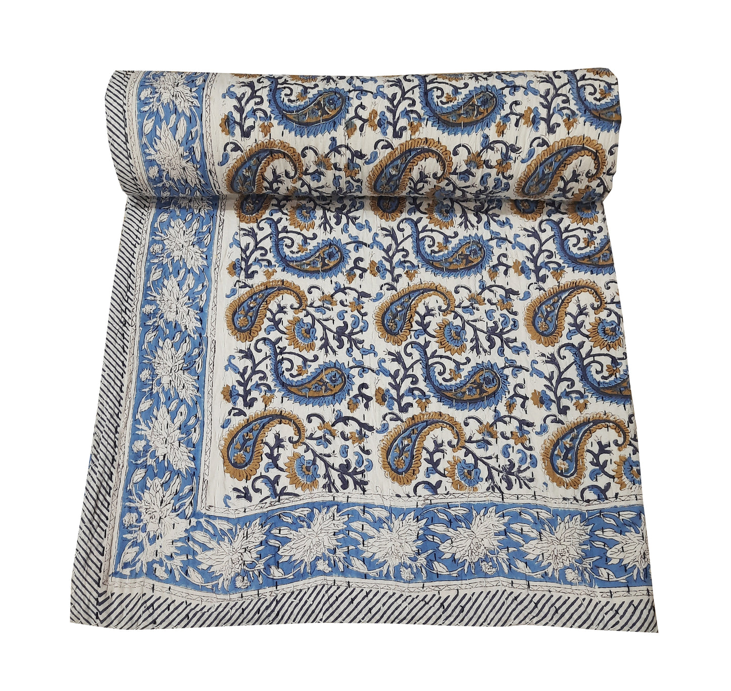 Handmade Cotton Kantha Bedspread Quilt Handmade Throw Blanket Gudari Traditional block Printed