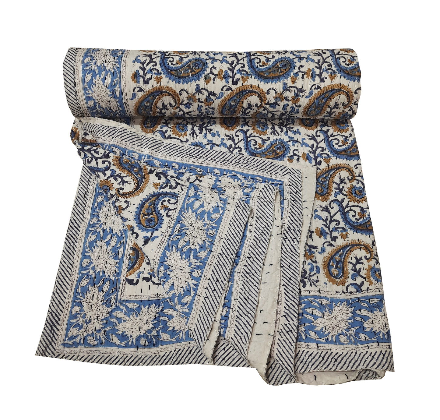 Handmade Cotton Kantha Bedspread Quilt Handmade Throw Blanket Gudari Traditional block Printed