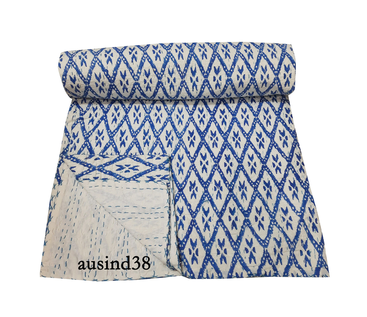 Handmade Cotton Kantha Bedspread Quilt Handmade Throw Blanket Gudari Traditional block Printed