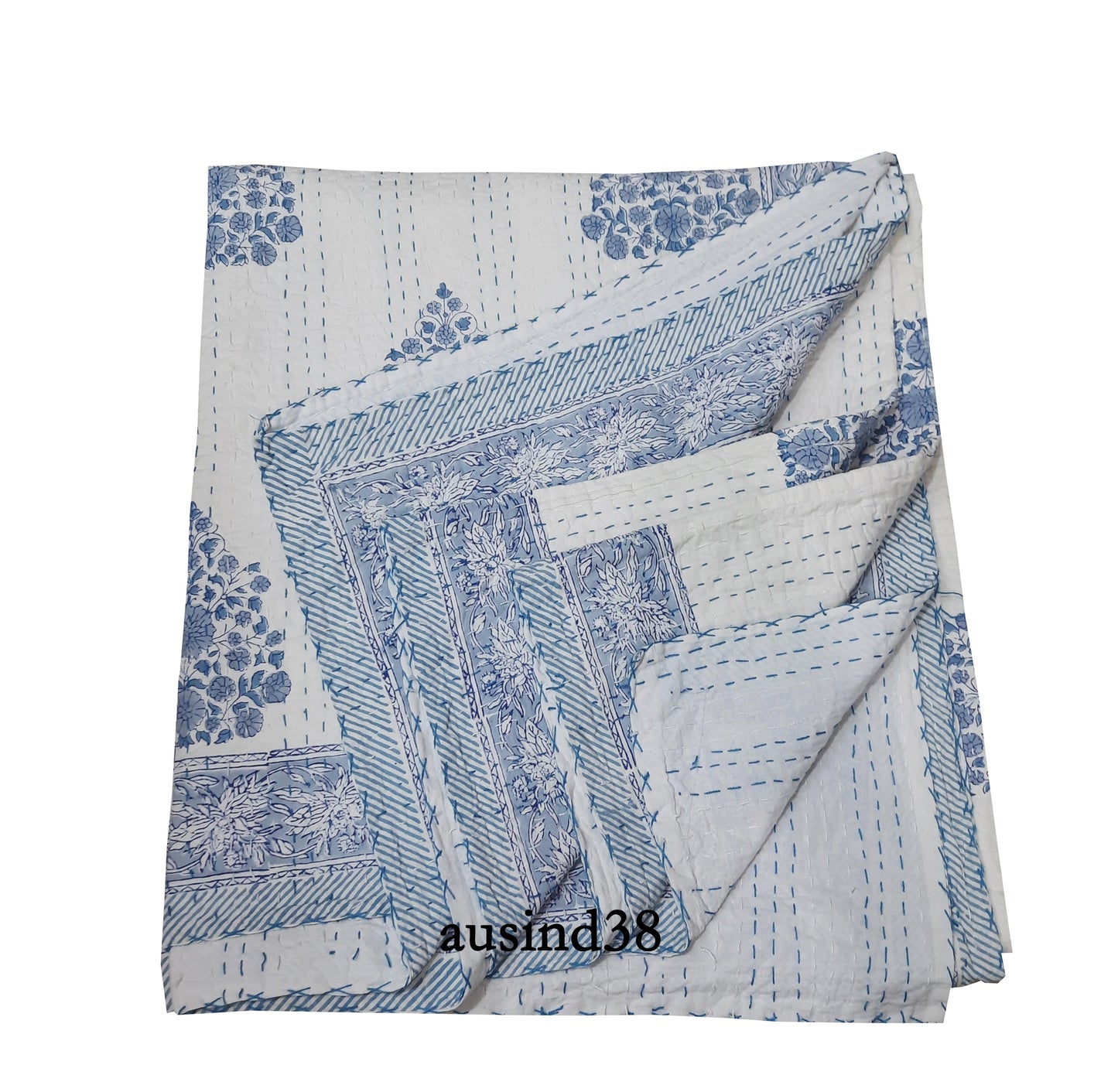 Handmade Cotton Kantha Bedspread Quilt Handmade Throw Blanket Gudari Traditional block Printed