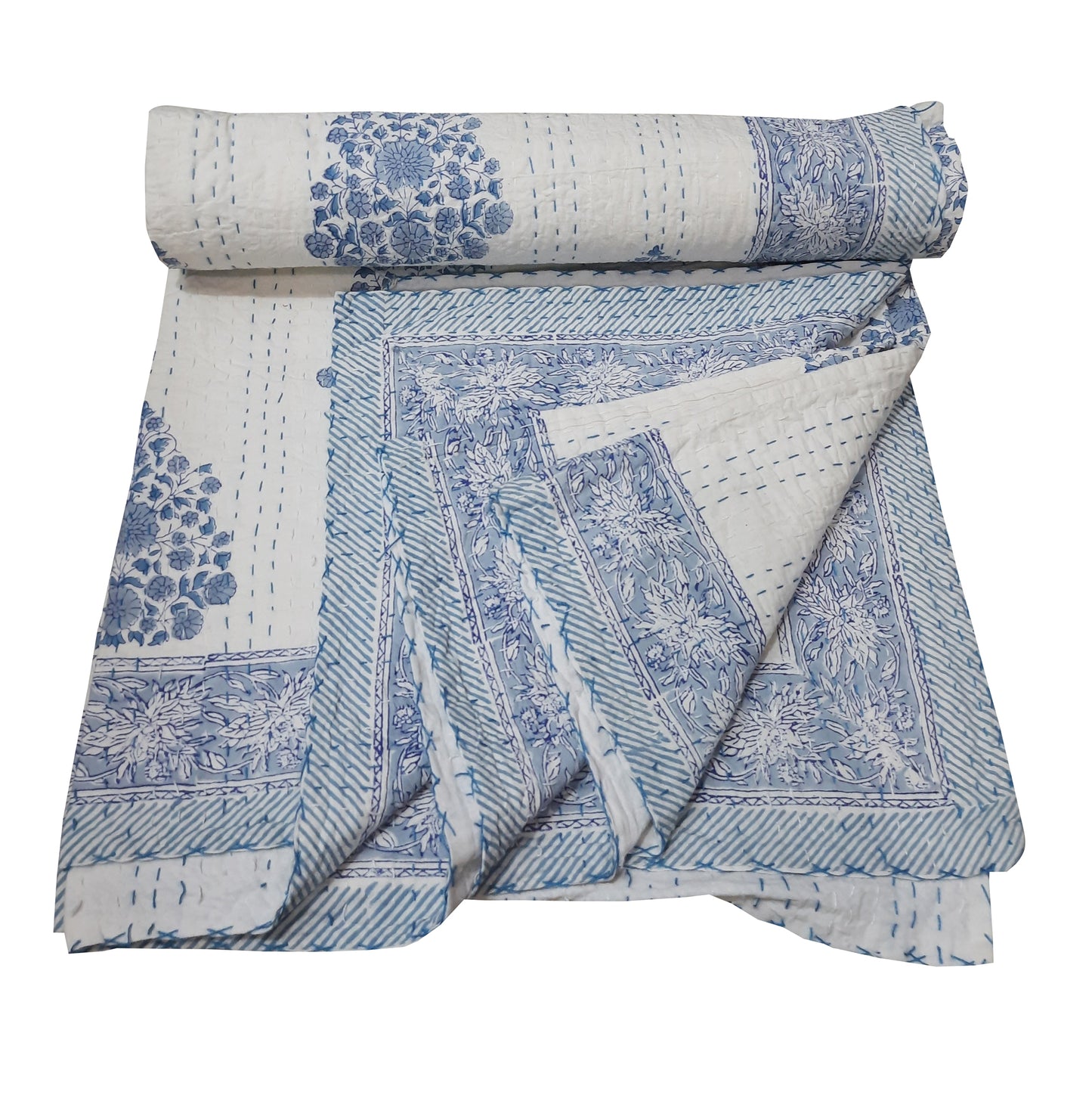 Handmade Cotton Kantha Bedspread Quilt Handmade Throw Blanket Gudari Traditional block Printed