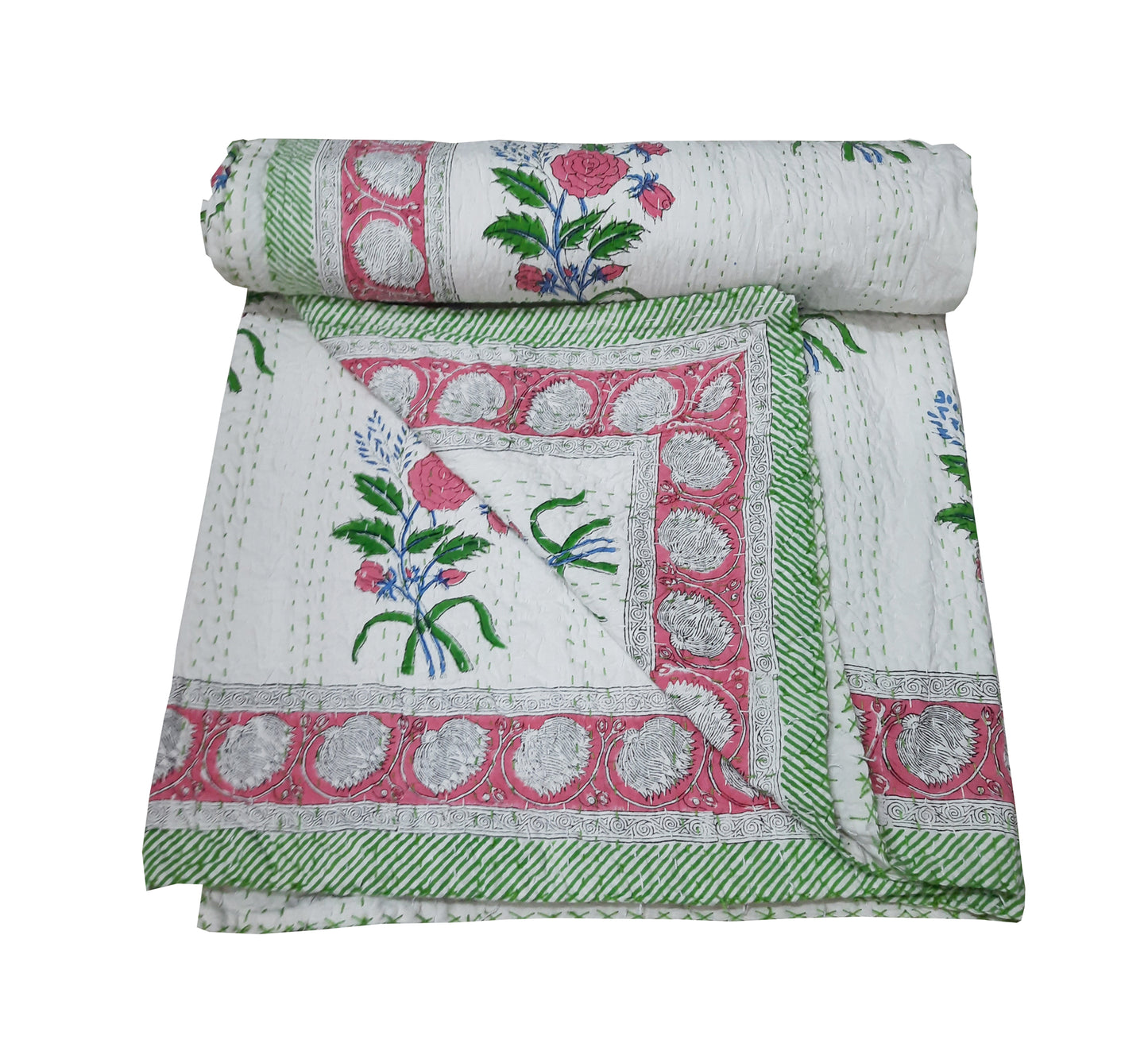 Handmade Cotton Kantha Bedspread Quilt Handmade Throw Blanket Gudari Traditional block Printed