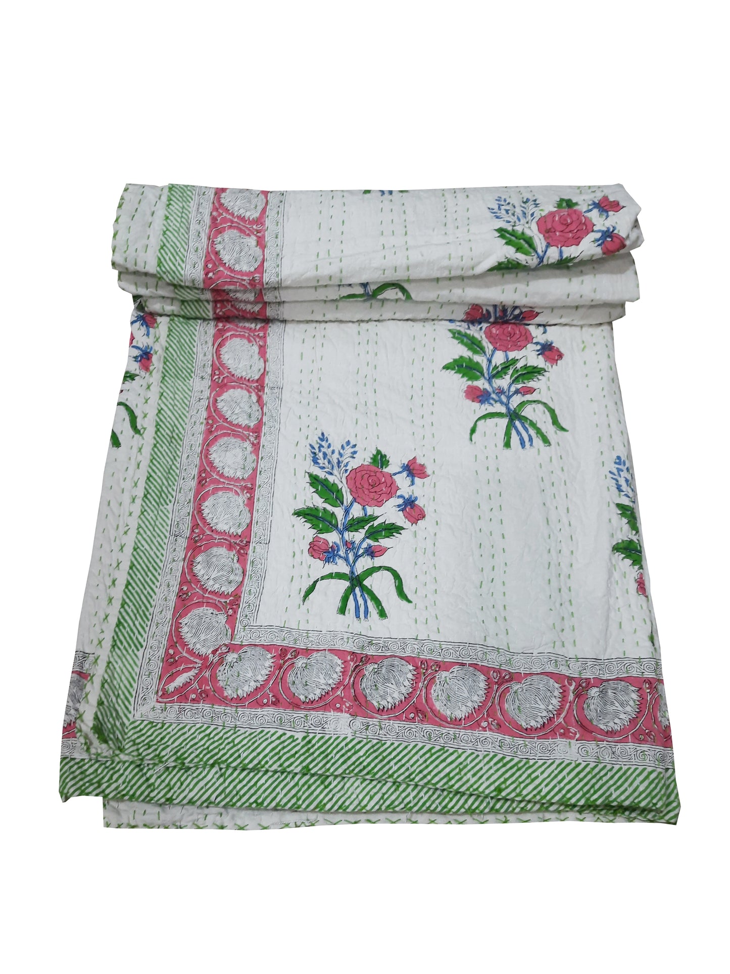 Handmade Cotton Kantha Bedspread Quilt Handmade Throw Blanket Gudari Traditional block Printed