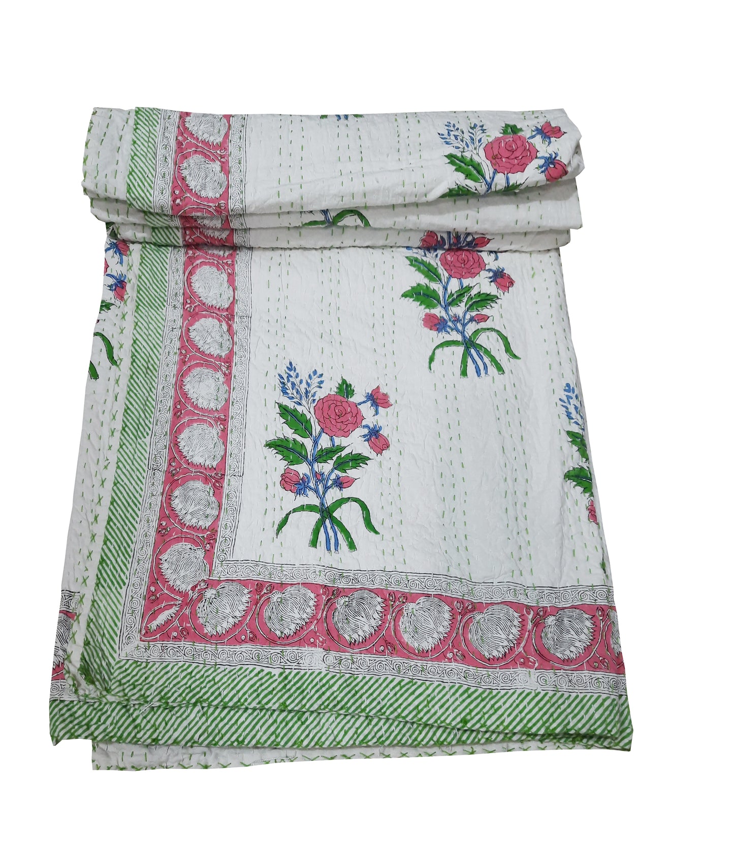 Handmade Cotton Kantha Bedspread Quilt Handmade Throw Blanket Gudari Traditional block Printed