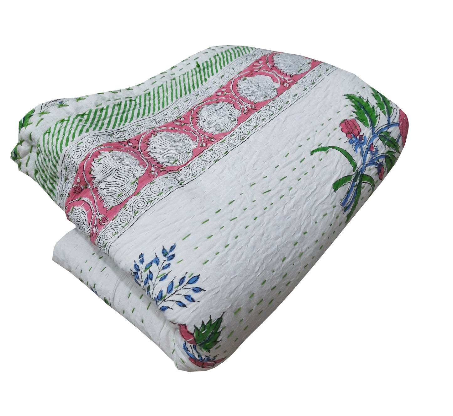 Handmade Cotton Kantha Bedspread Quilt Handmade Throw Blanket Gudari Traditional block Printed