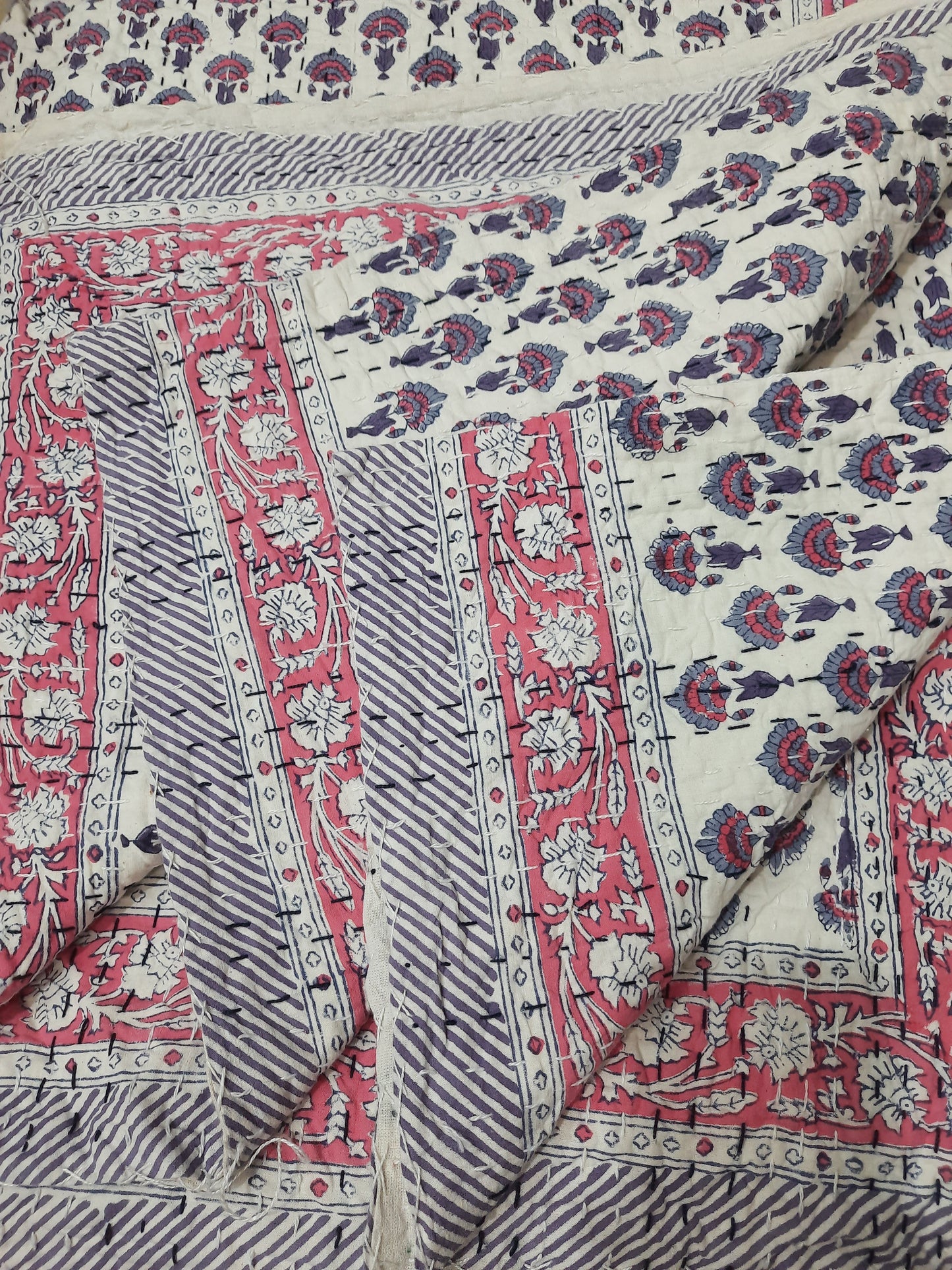 Handmade Cotton Kantha Bedspread Quilt Handmade Throw Blanket Gudari Traditional block Printed