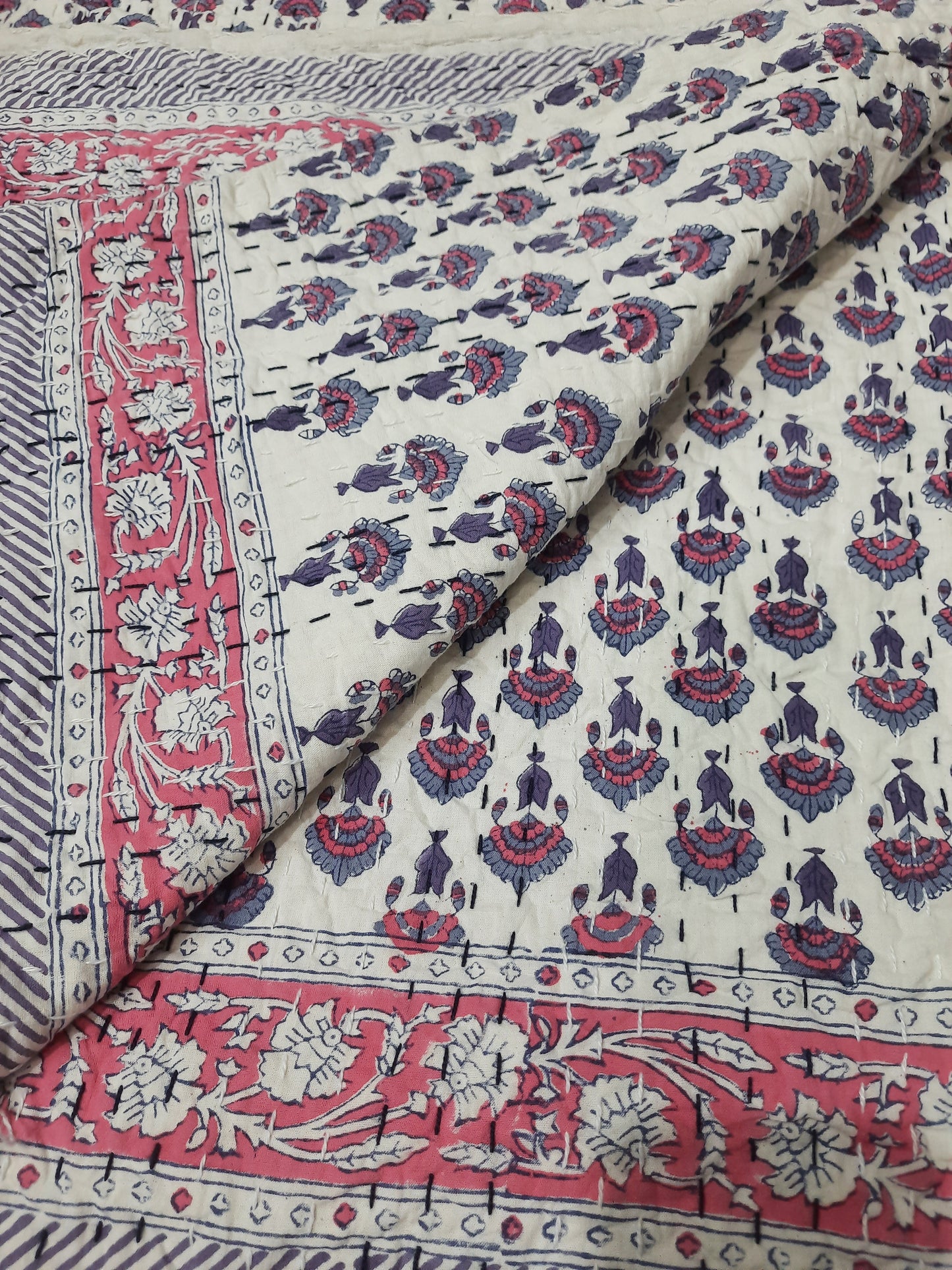 Handmade Cotton Kantha Bedspread Quilt Handmade Throw Blanket Gudari Traditional block Printed