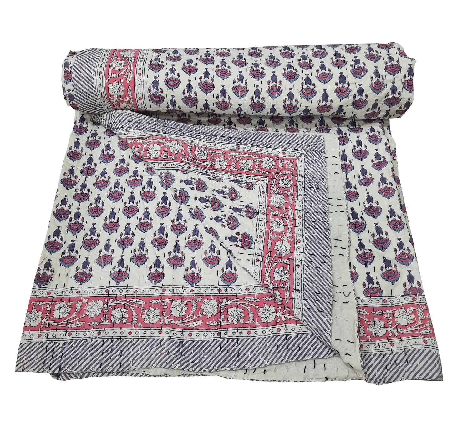 Handmade Cotton Kantha Bedspread Quilt Handmade Throw Blanket Gudari Traditional block Printed