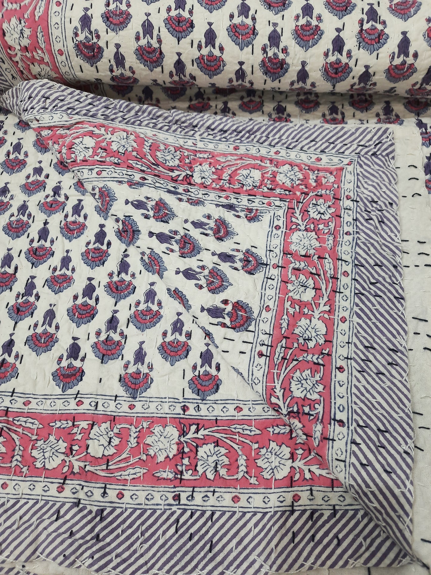 Handmade Cotton Kantha Bedspread Quilt Handmade Throw Blanket Gudari Traditional block Printed