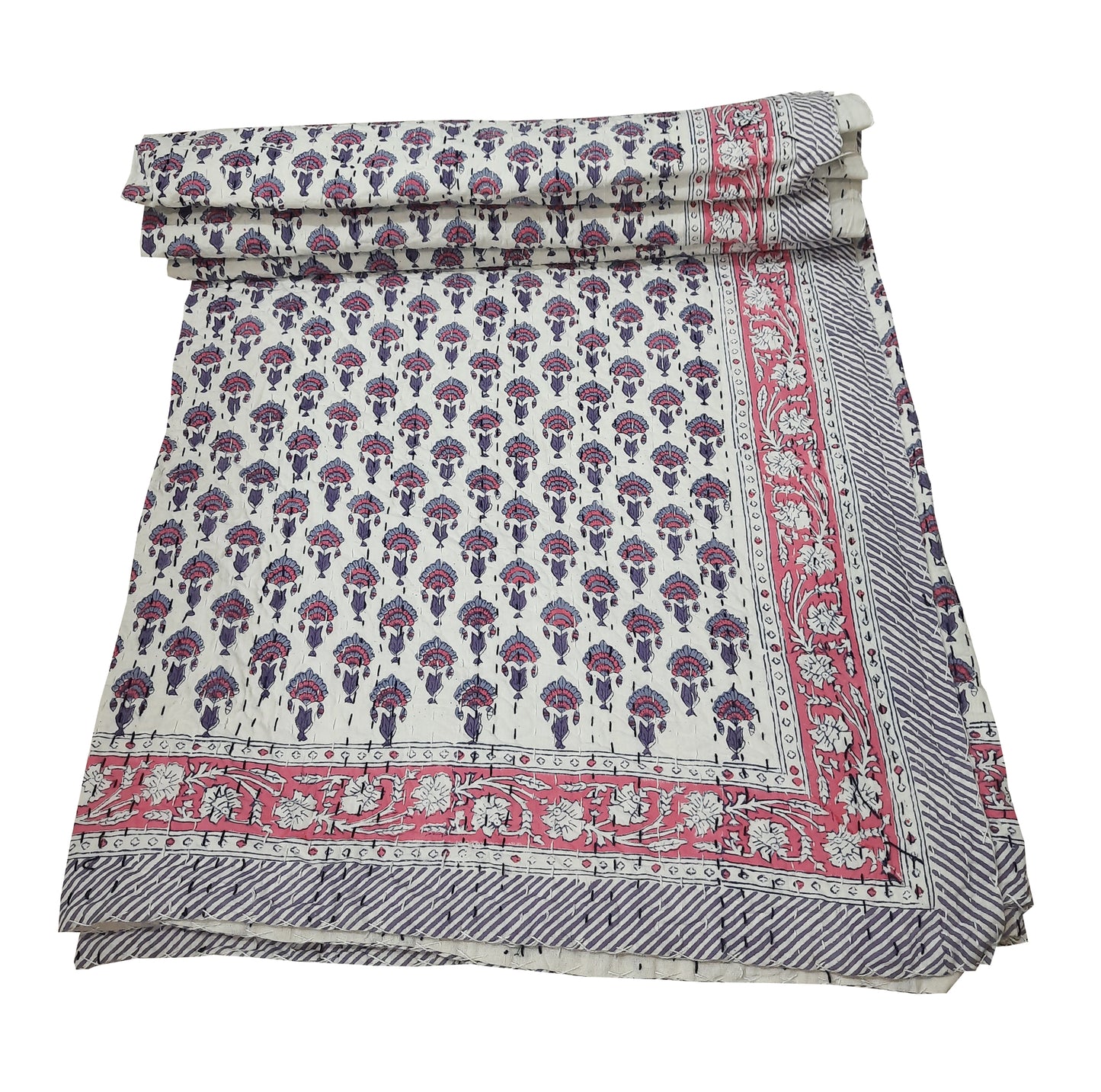 Handmade Cotton Kantha Bedspread Quilt Handmade Throw Blanket Gudari Traditional block Printed