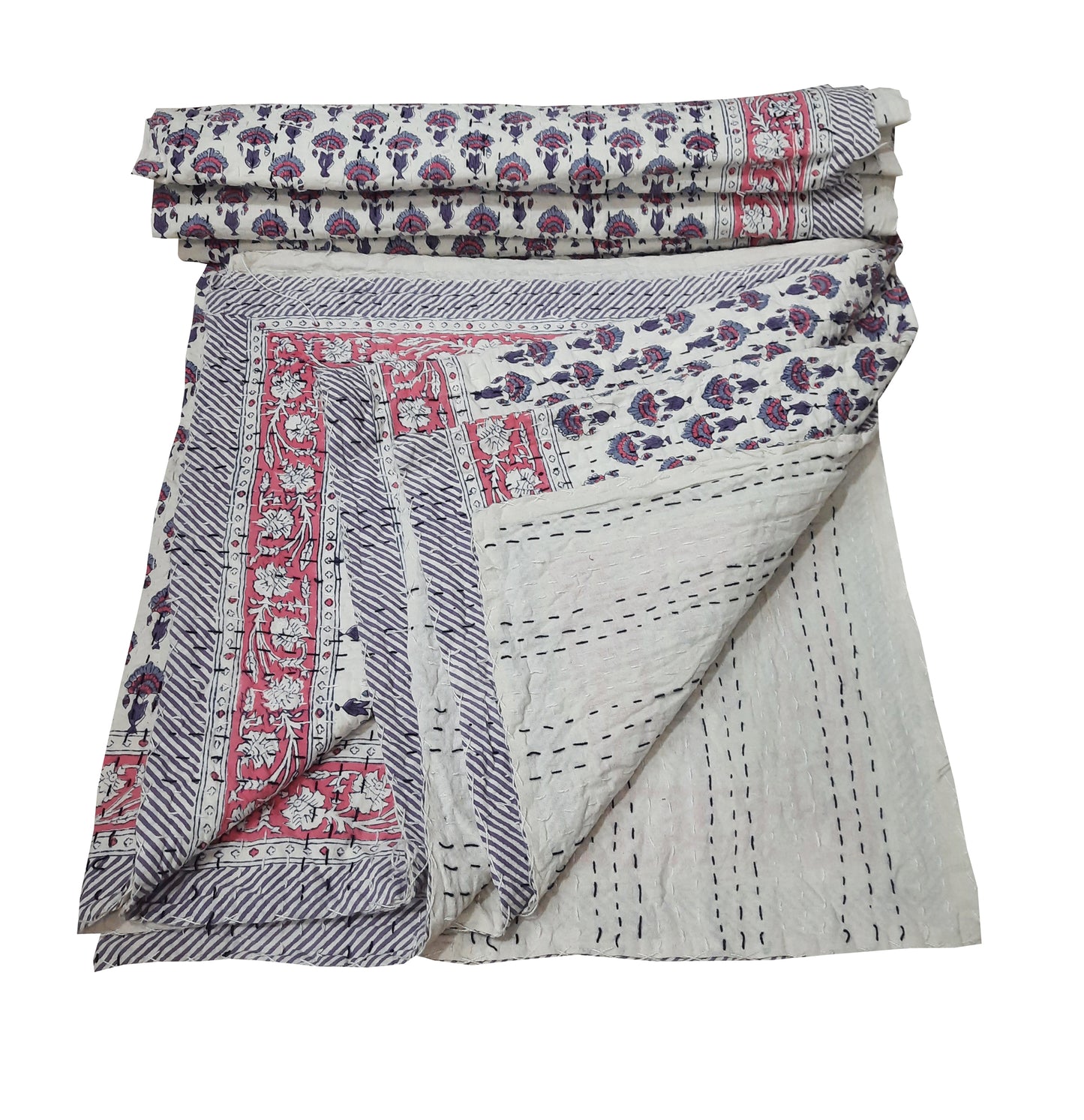 Handmade Cotton Kantha Bedspread Quilt Handmade Throw Blanket Gudari Traditional block Printed
