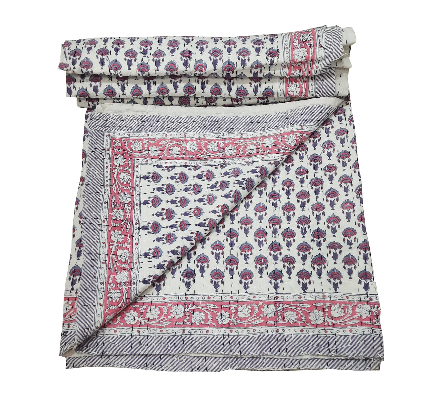Handmade Cotton Kantha Bedspread Quilt Handmade Throw Blanket Gudari Traditional block Printed