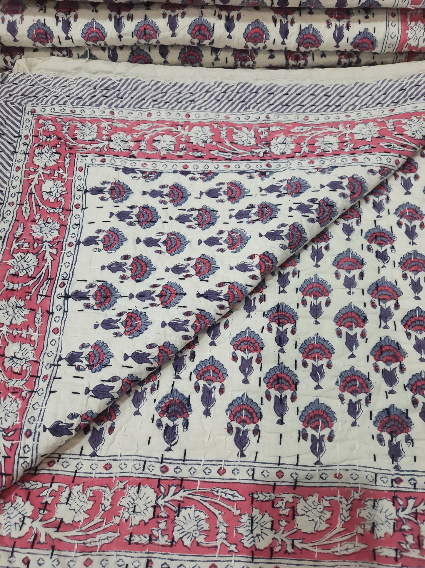 Handmade Cotton Kantha Bedspread Quilt Handmade Throw Blanket Gudari Traditional block Printed
