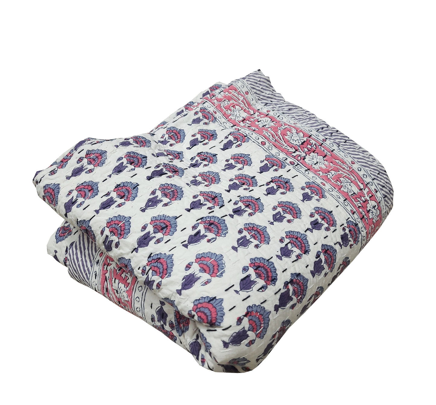 Handmade Cotton Kantha Bedspread Quilt Handmade Throw Blanket Gudari Traditional block Printed