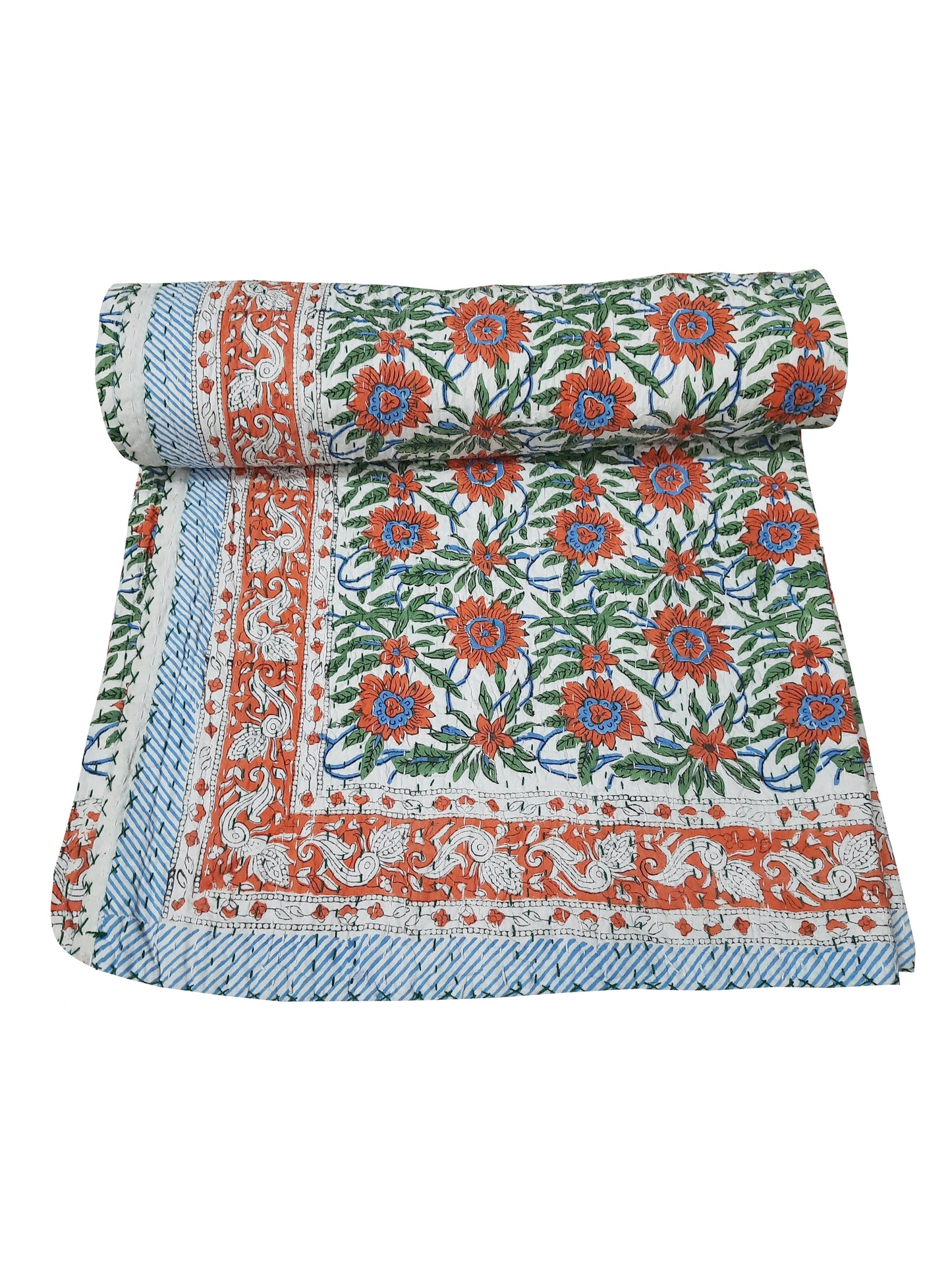 Handmade Cotton Kantha Bedspread Quilt Handmade Throw Blanket Gudari Traditional block Printed