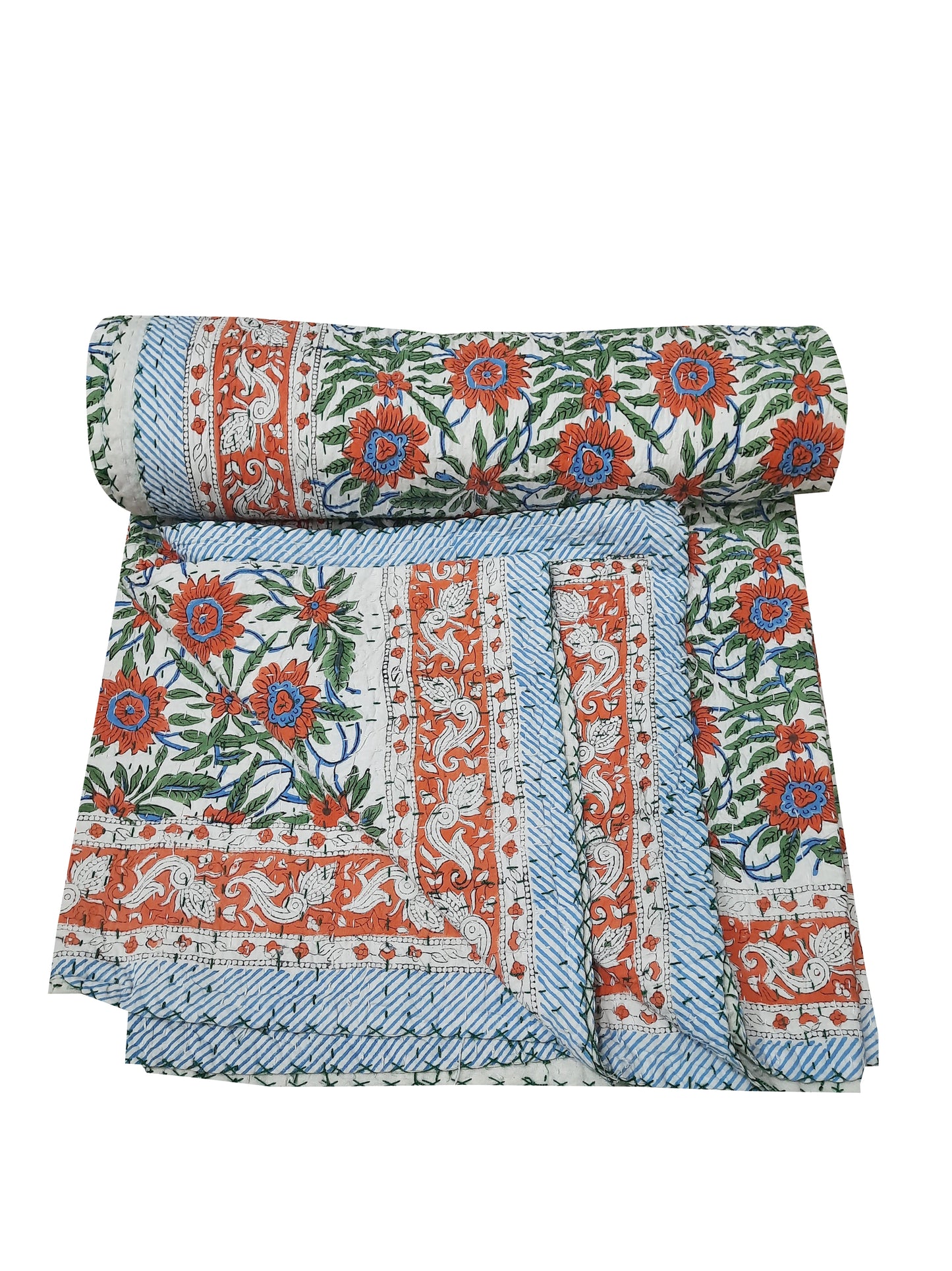 Handmade Cotton Kantha Bedspread Quilt Handmade Throw Blanket Gudari Traditional block Printed