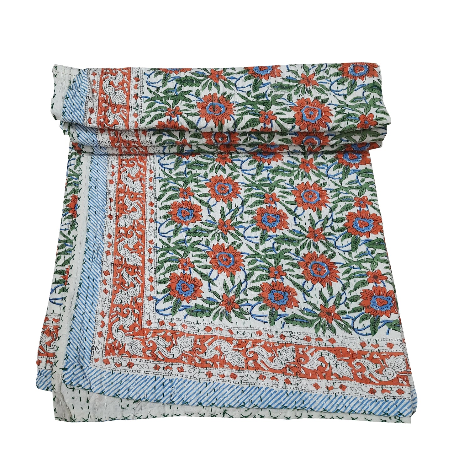 Handmade Cotton Kantha Bedspread Quilt Handmade Throw Blanket Gudari Traditional block Printed