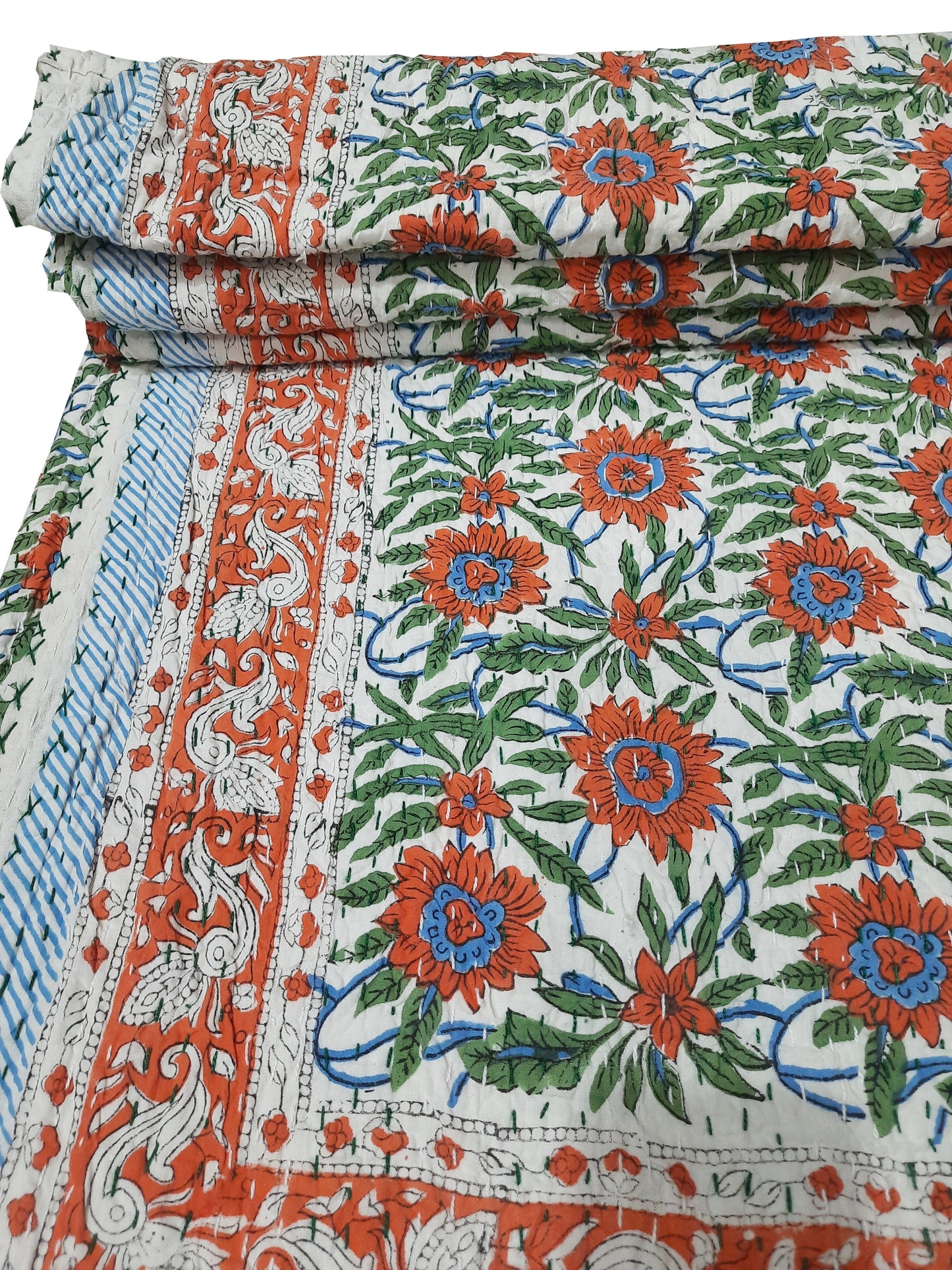 Handmade Cotton Kantha Bedspread Quilt Handmade Throw Blanket Gudari Traditional block Printed