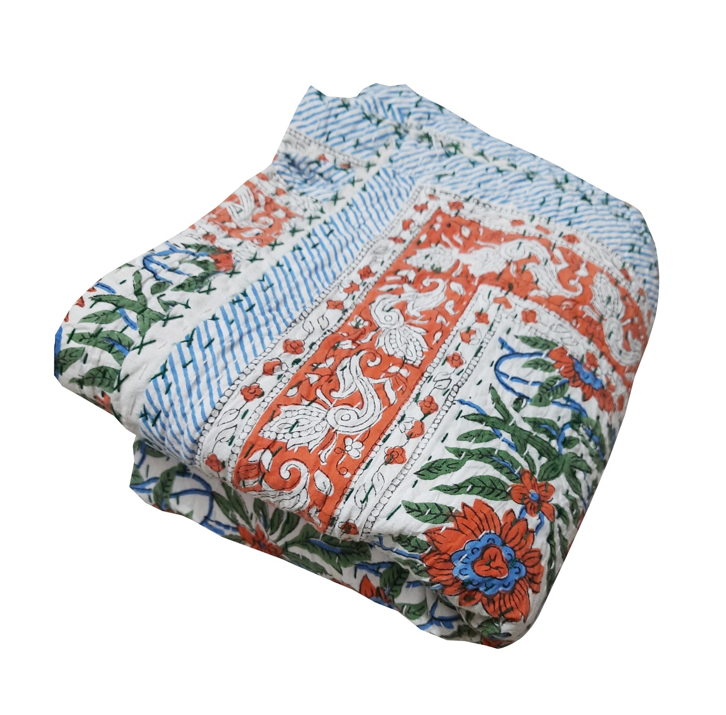 Handmade Cotton Kantha Bedspread Quilt Handmade Throw Blanket Gudari Traditional block Printed