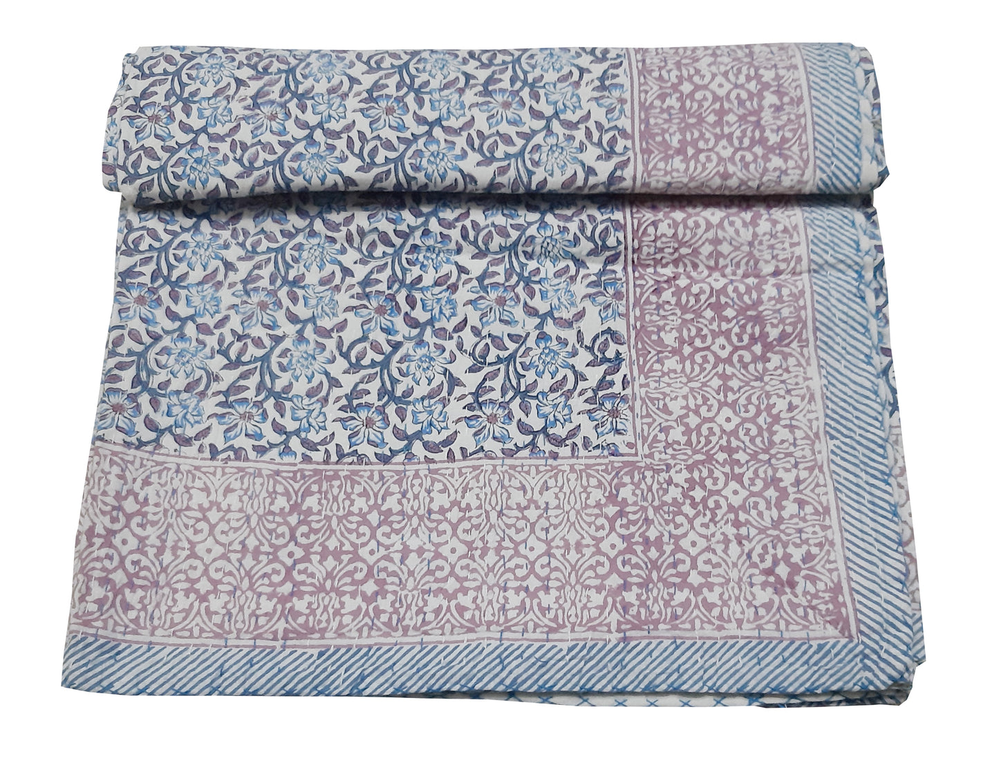 Handmade Cotton Kantha Bedspread Quilt Handmade Throw Blanket Gudari Traditional block Printed