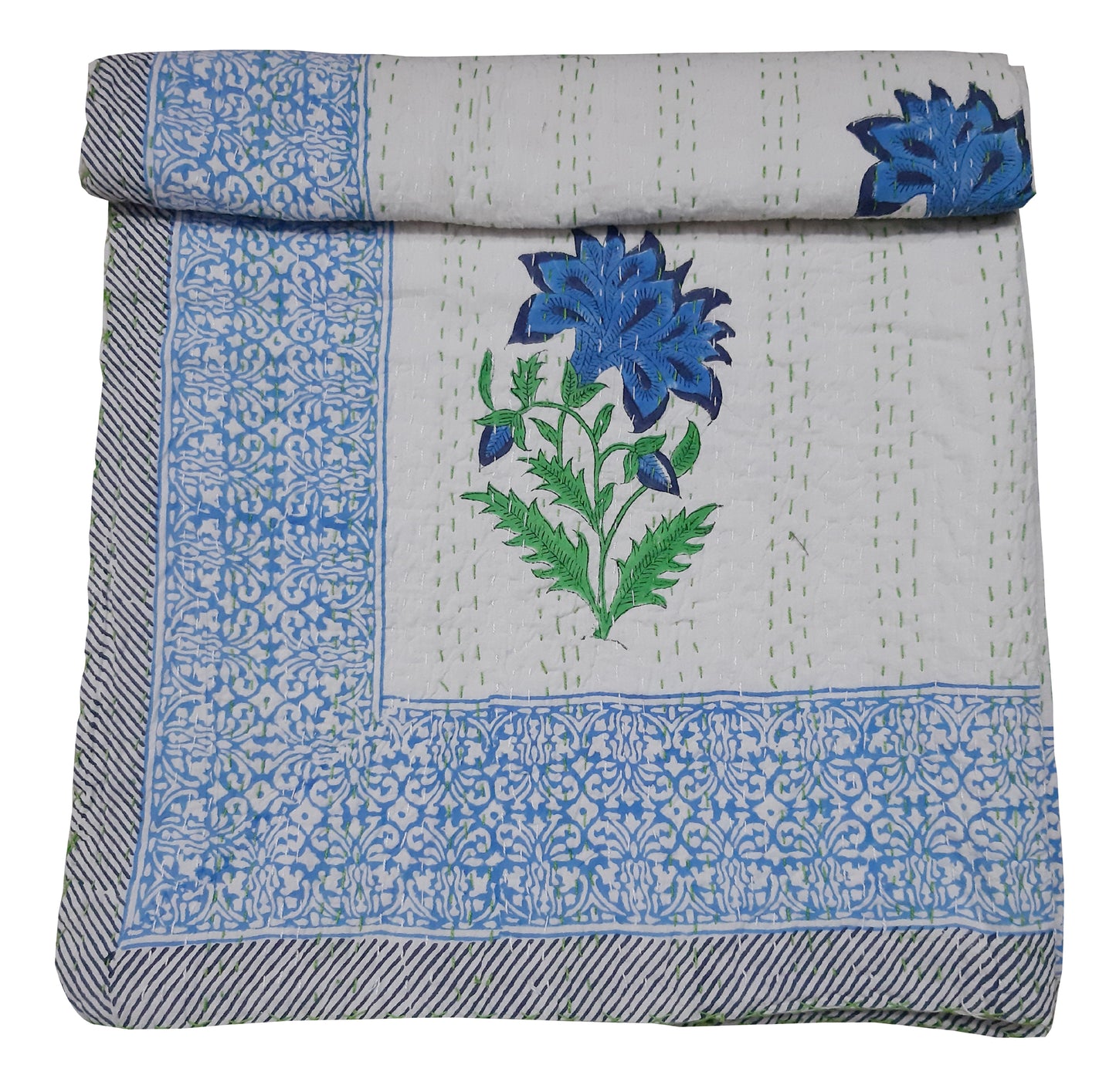 Handmade Cotton Kantha Bedspread Quilt Handmade Throw Blanket Gudari Traditional block Printed