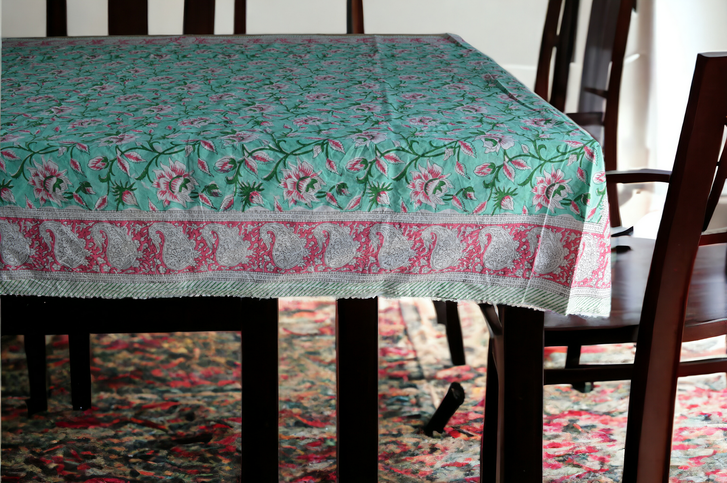 Indian Hand Block Traditional Printed Tablecloth Handmade Cotton Floral 6 Seater Tabletop Decorative for Dinning Table 60 * 90 Inches with Nepkins