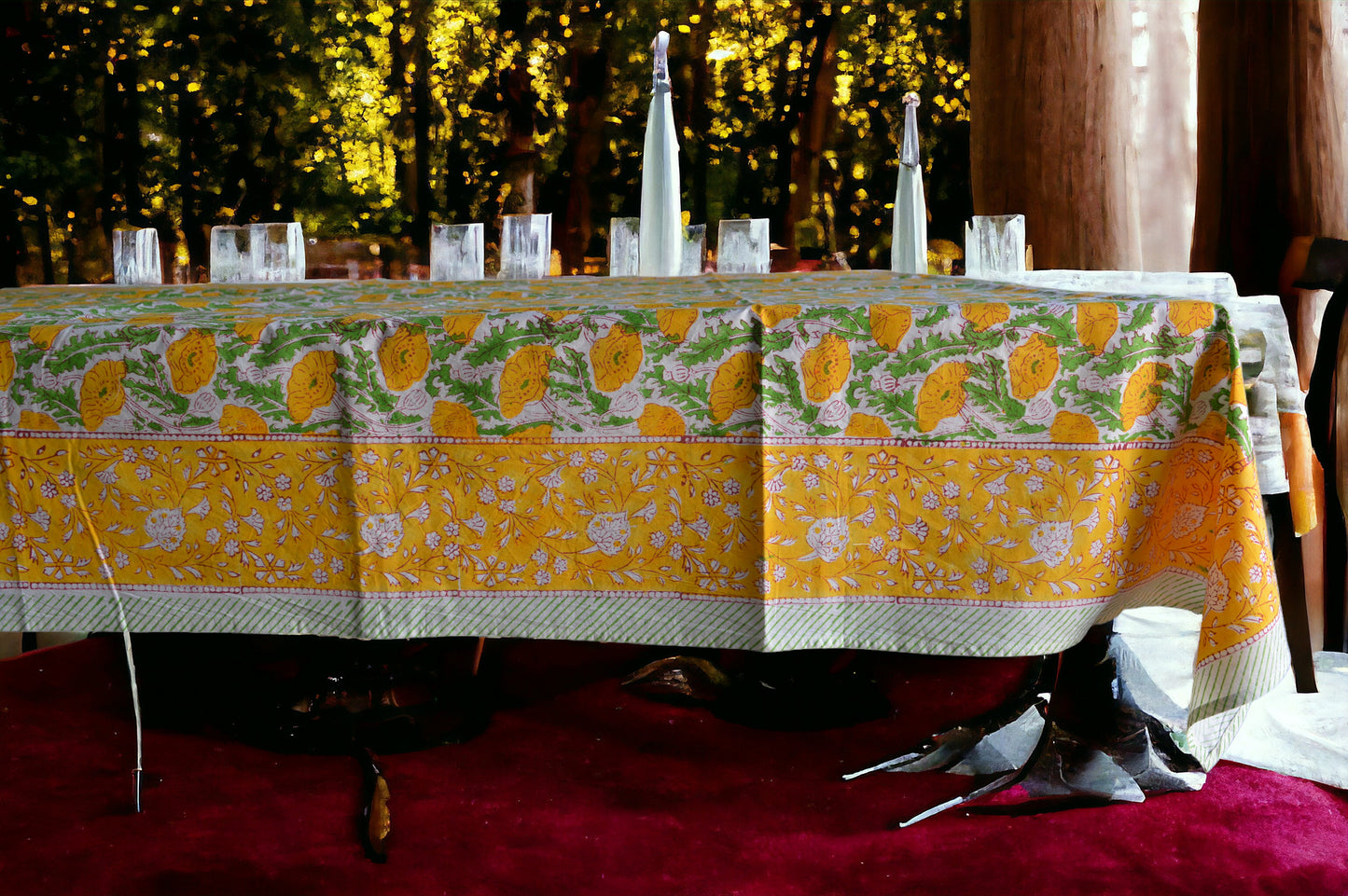 Indian Hand Block Traditional Printed Tablecloth Handmade Cotton Floral 6 Seater Tabletop Decorative for Dinning Table 60 * 90 Inches with Nepkins