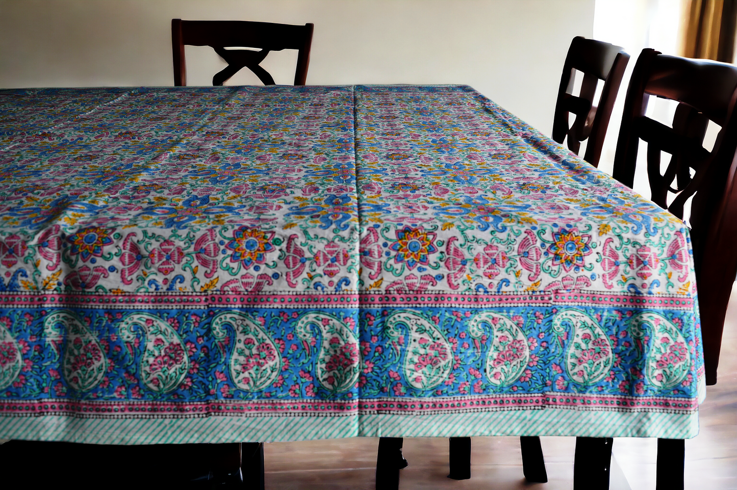 Indian Hand Block Traditional Printed Tablecloth Handmade Cotton Floral 6 Seater Tabletop Decorative for Dinning Table 60 * 90 Inches with Nepkins