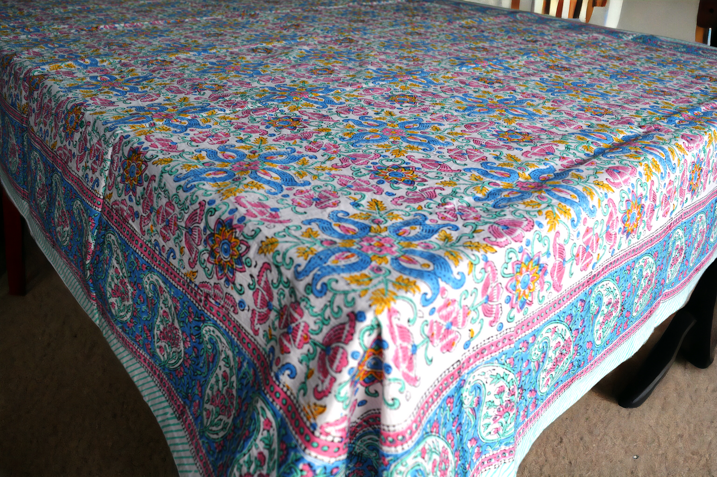 Indian Hand Block Traditional Printed Tablecloth Handmade Cotton Floral 6 Seater Tabletop Decorative for Dinning Table 60 * 90 Inches with Nepkins