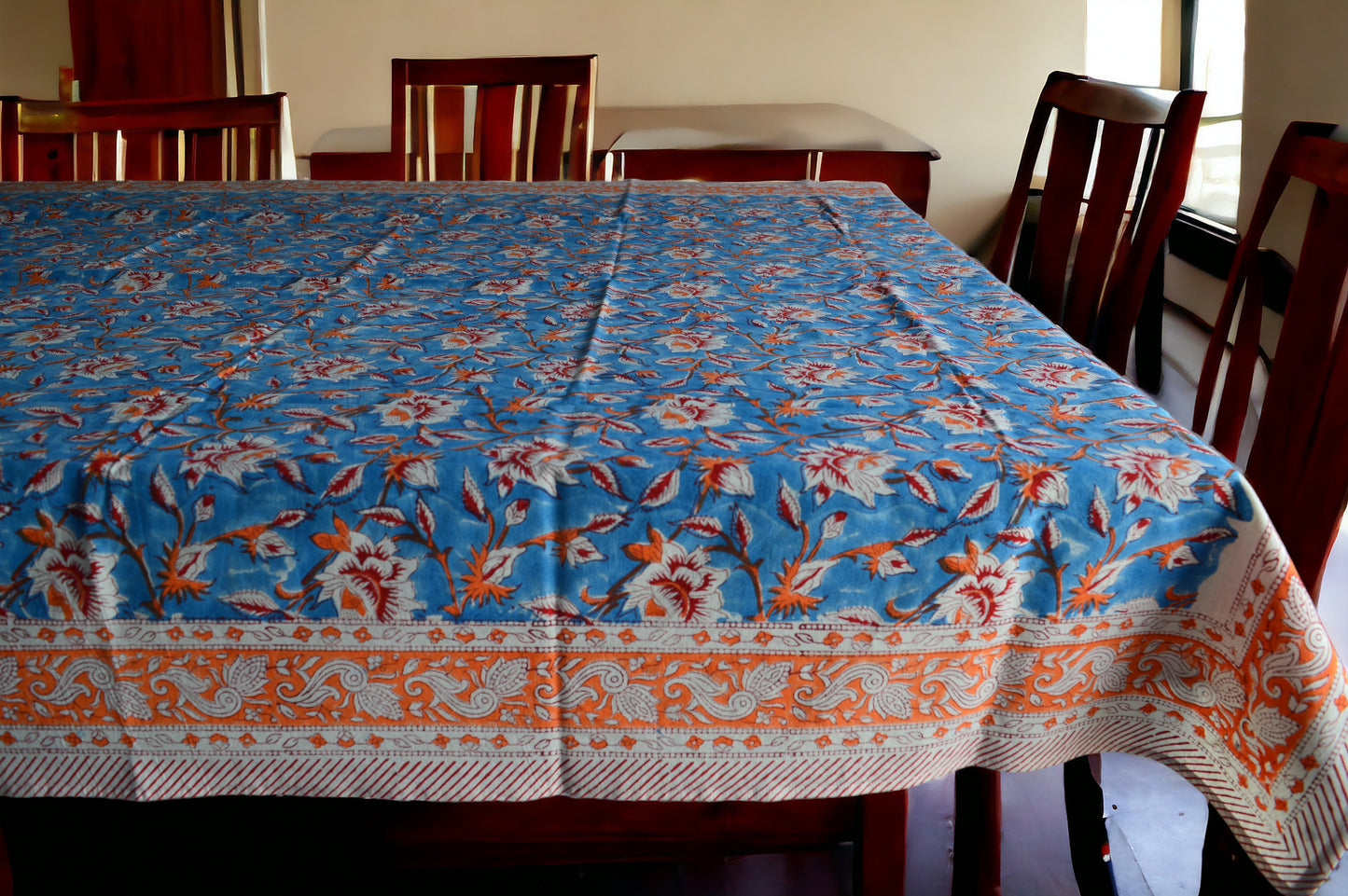 Indian Hand Block Traditional Printed Tablecloth Handmade Cotton Floral 6 Seater Tabletop Decorative for Dinning Table 60 * 90 Inches with Nepkins
