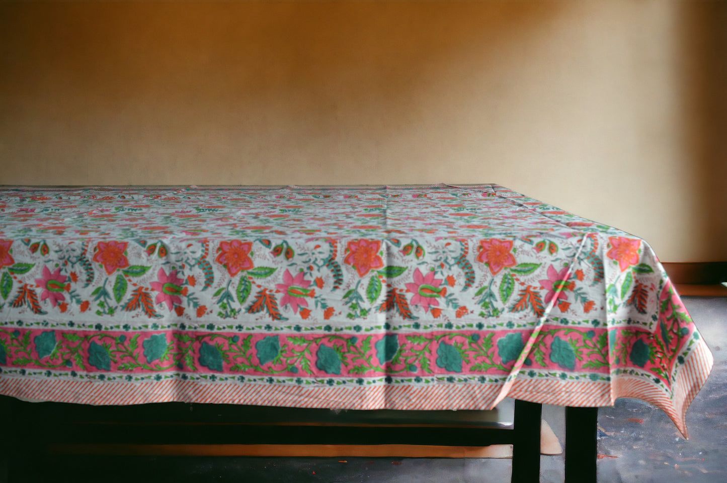 Indian Hand Block Traditional Printed Tablecloth Handmade Cotton Floral 6 Seater Tabletop Decorative for Dinning Table 60 * 90 Inches with Nepkins