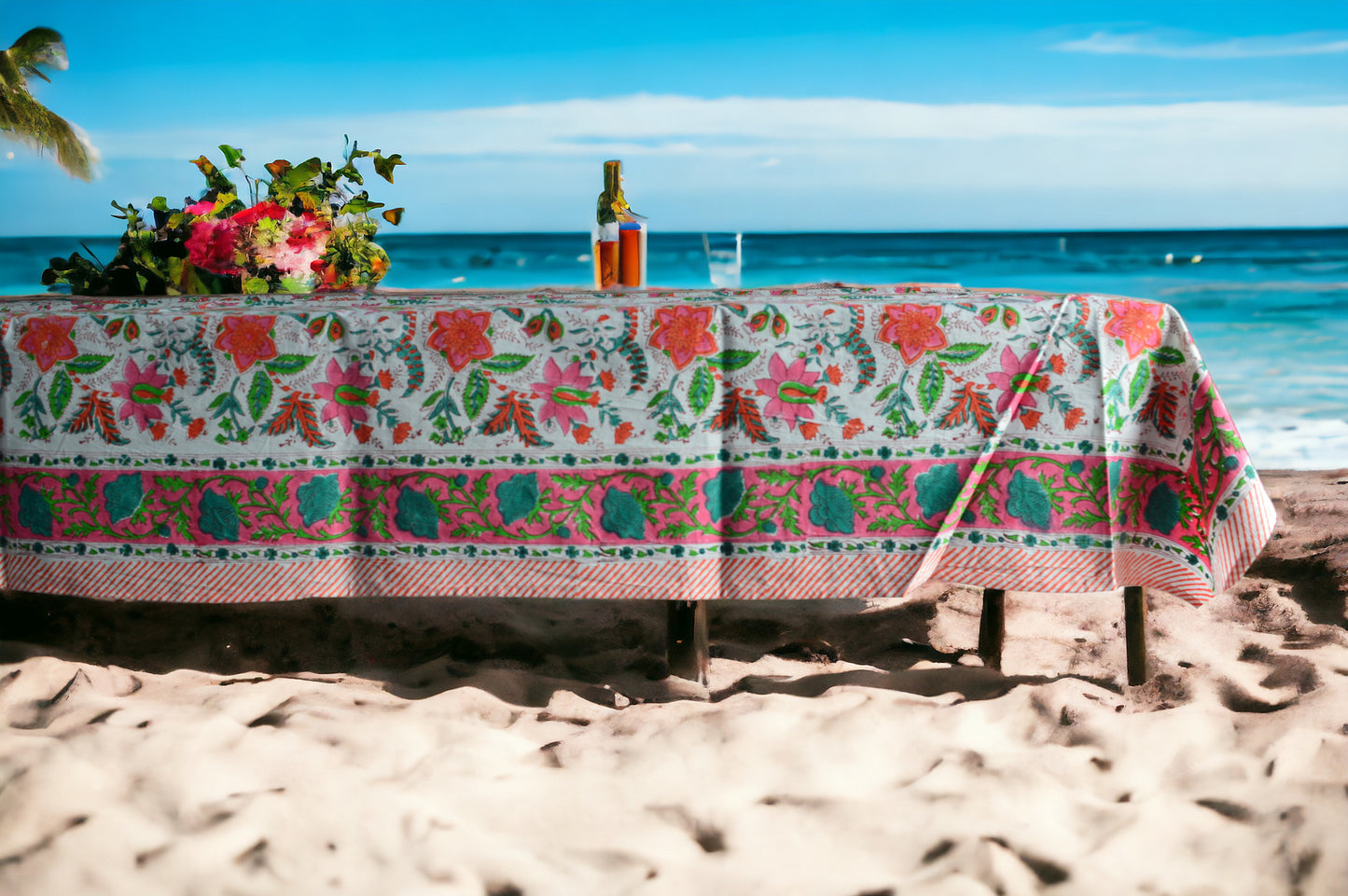 Indian Hand Block Traditional Printed Tablecloth Handmade Cotton Floral 6 Seater Tabletop Decorative for Dinning Table 60 * 90 Inches with Nepkins