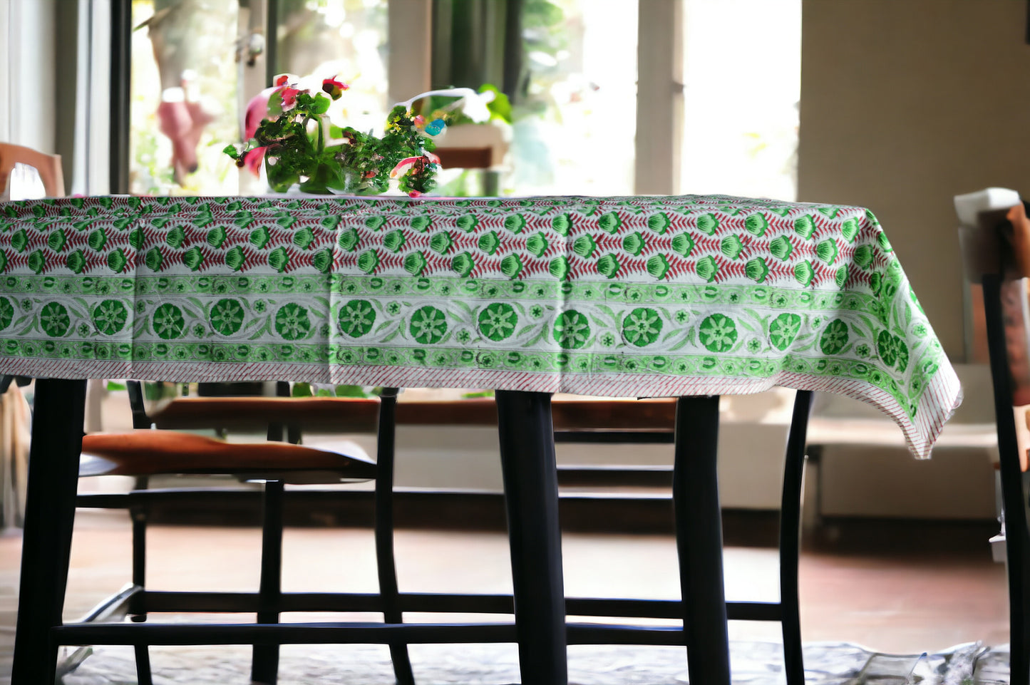 Indian Hand Block Traditional Printed Tablecloth Handmade Cotton Floral 6 Seater Tabletop Decorative for Dinning Table 60 * 90 Inches with Nepkins