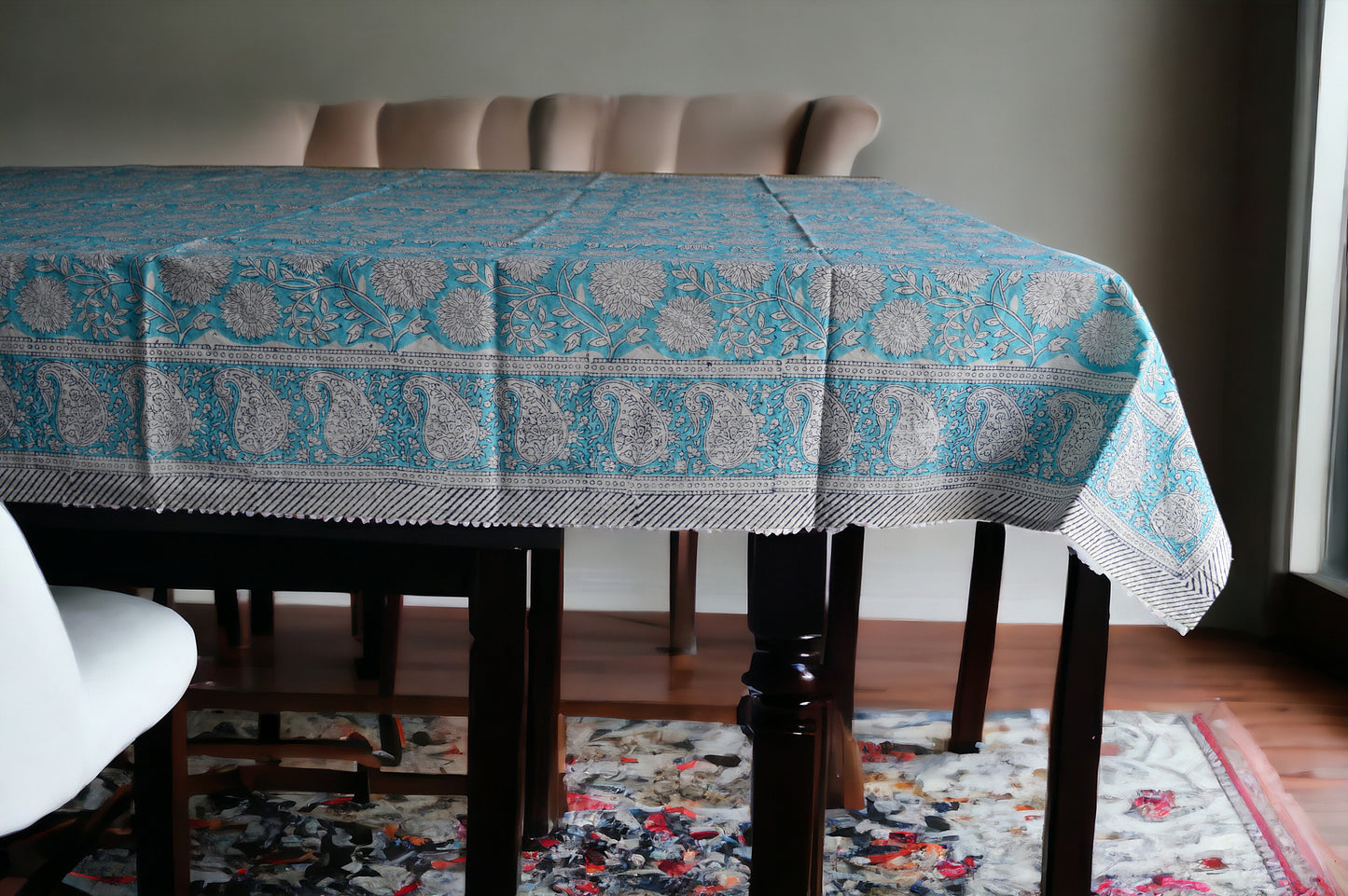 Indian Hand Block Traditional Printed Tablecloth Handmade Cotton Floral 6 Seater Tabletop Decorative for Dinning Table 60 * 90 Inches with Nepkins
