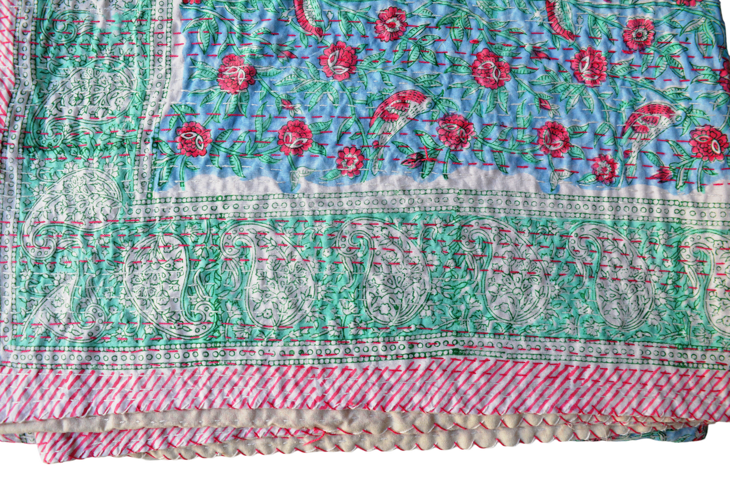 Handmade Cotton Kantha Bedspread Quilt Handmade Throw Blanket Gudari Traditional block Printed