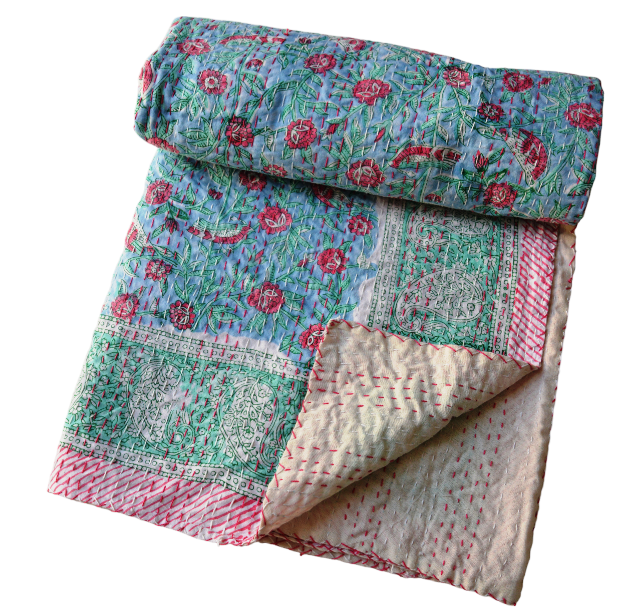 Handmade Cotton Kantha Bedspread Quilt Handmade Throw Blanket Gudari Traditional block Printed
