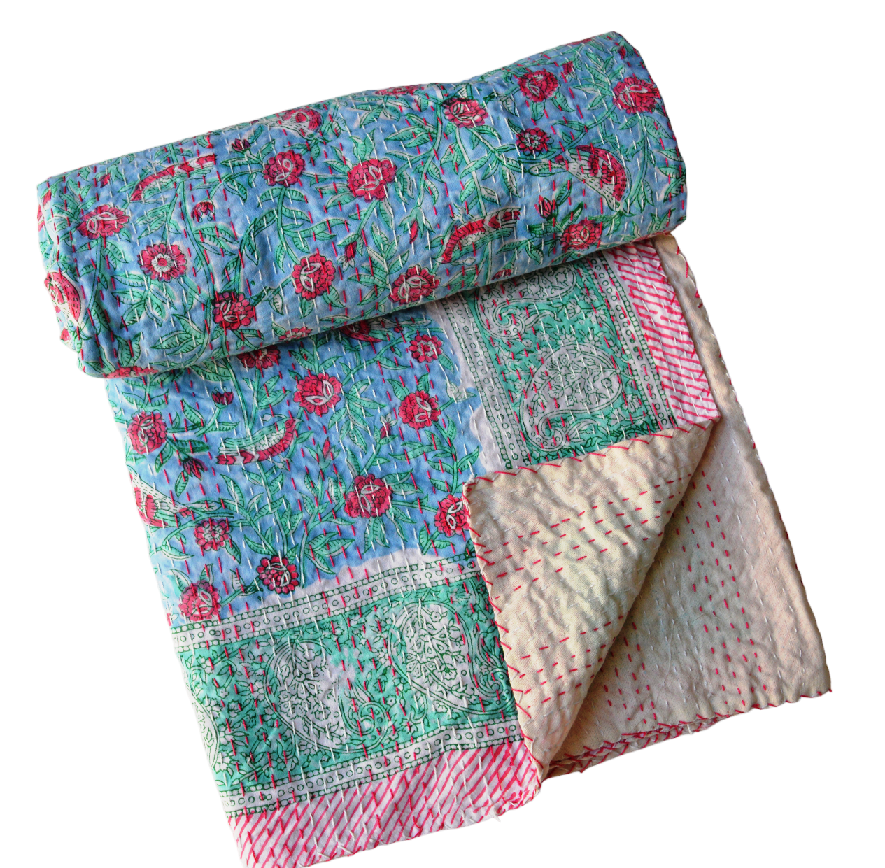 Handmade Cotton Kantha Bedspread Quilt Handmade Throw Blanket Gudari Traditional block Printed