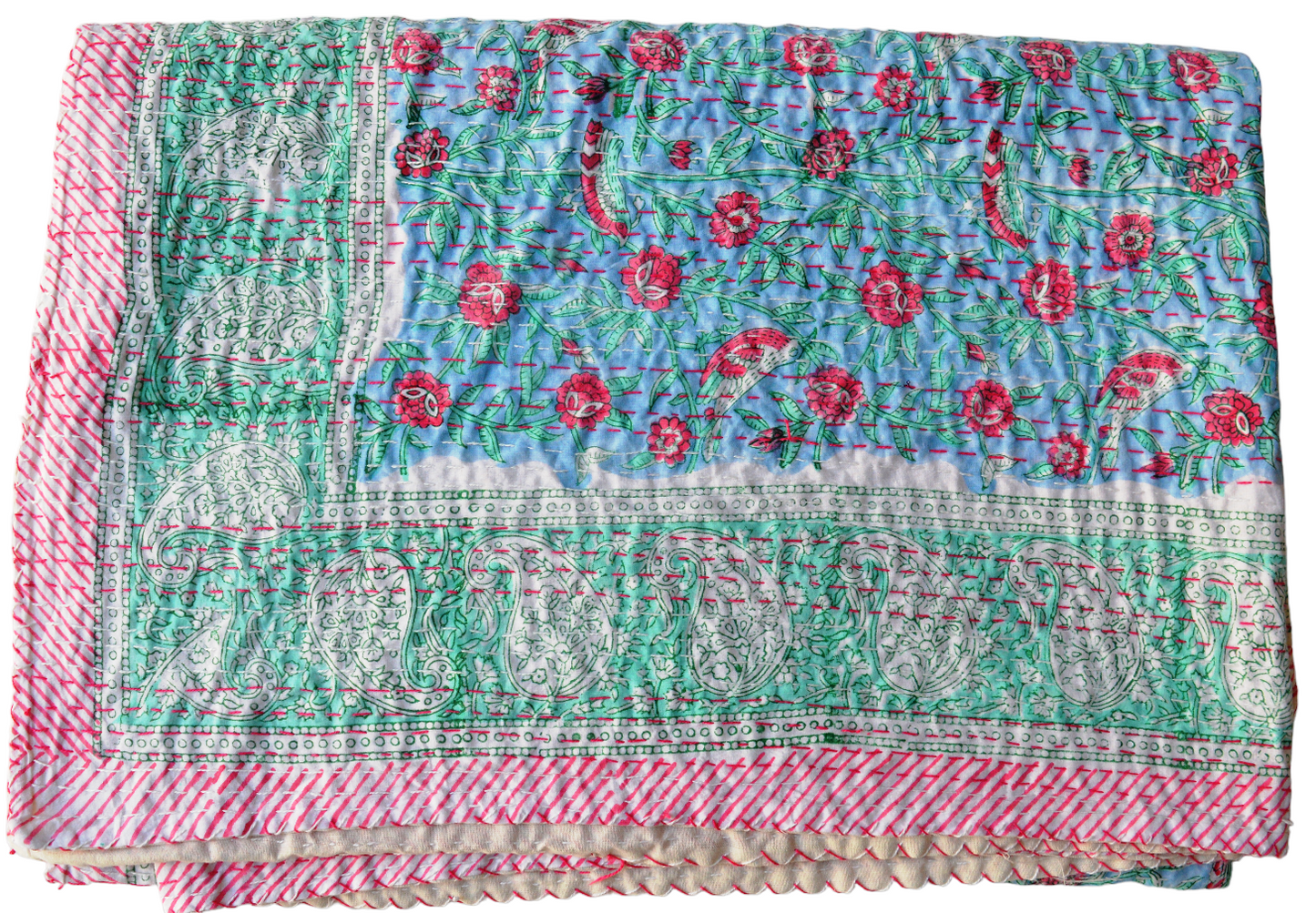 Handmade Cotton Kantha Bedspread Quilt Handmade Throw Blanket Gudari Traditional block Printed
