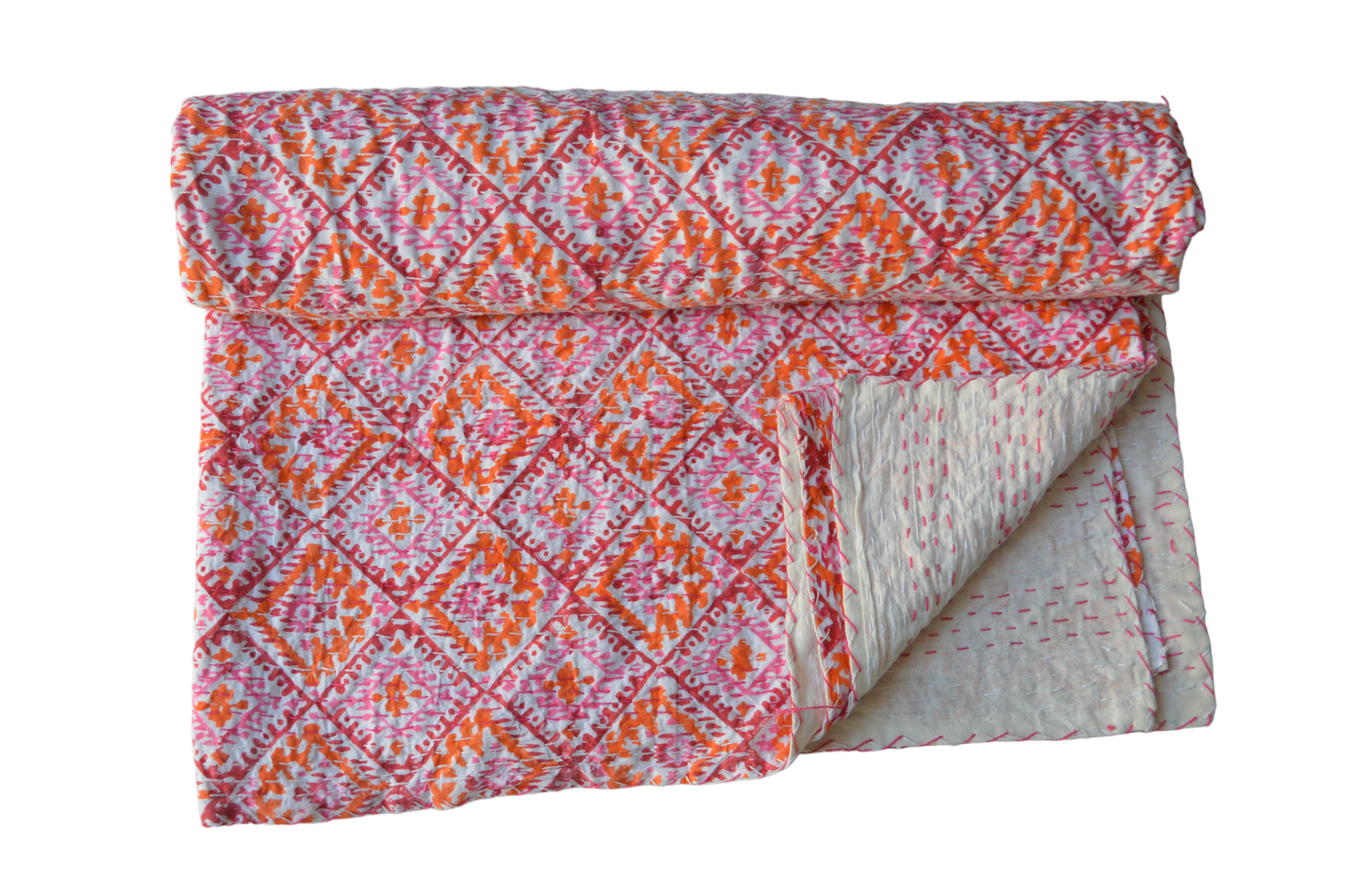 Handmade Cotton Kantha Bedspread Quilt Handmade Throw Blanket Gudari Traditional block Printed