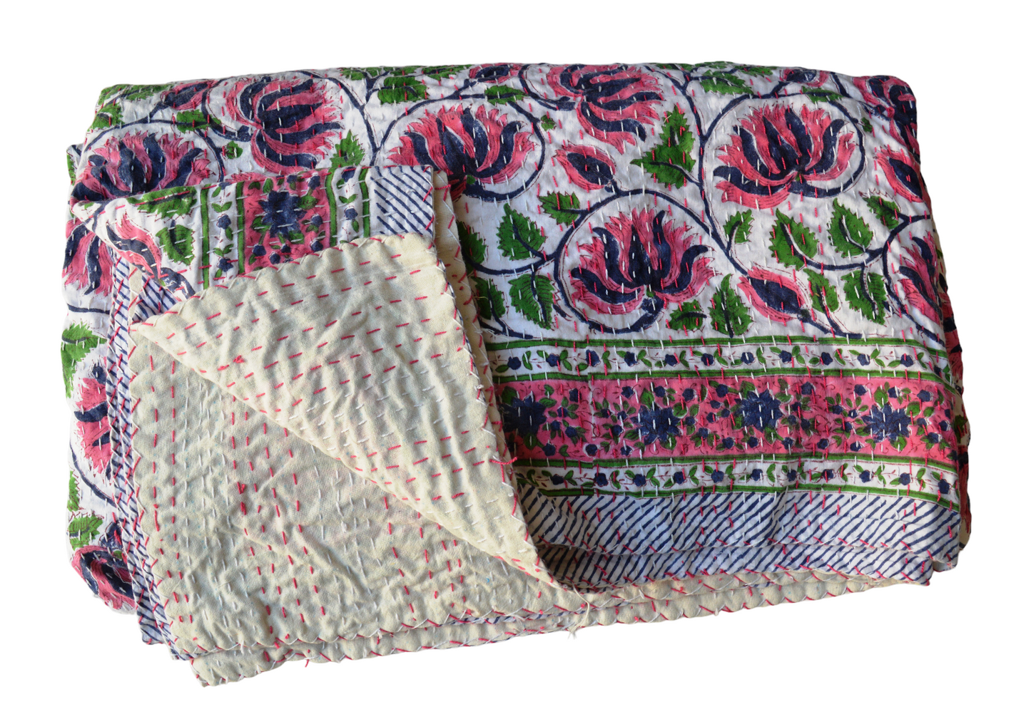 Handmade Cotton Kantha Bedspread Quilt Handmade Throw Blanket Gudari Traditional block Printed