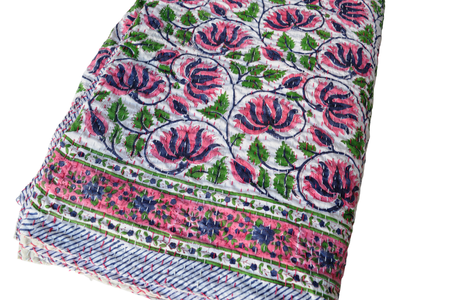 Handmade Cotton Kantha Bedspread Quilt Handmade Throw Blanket Gudari Traditional block Printed