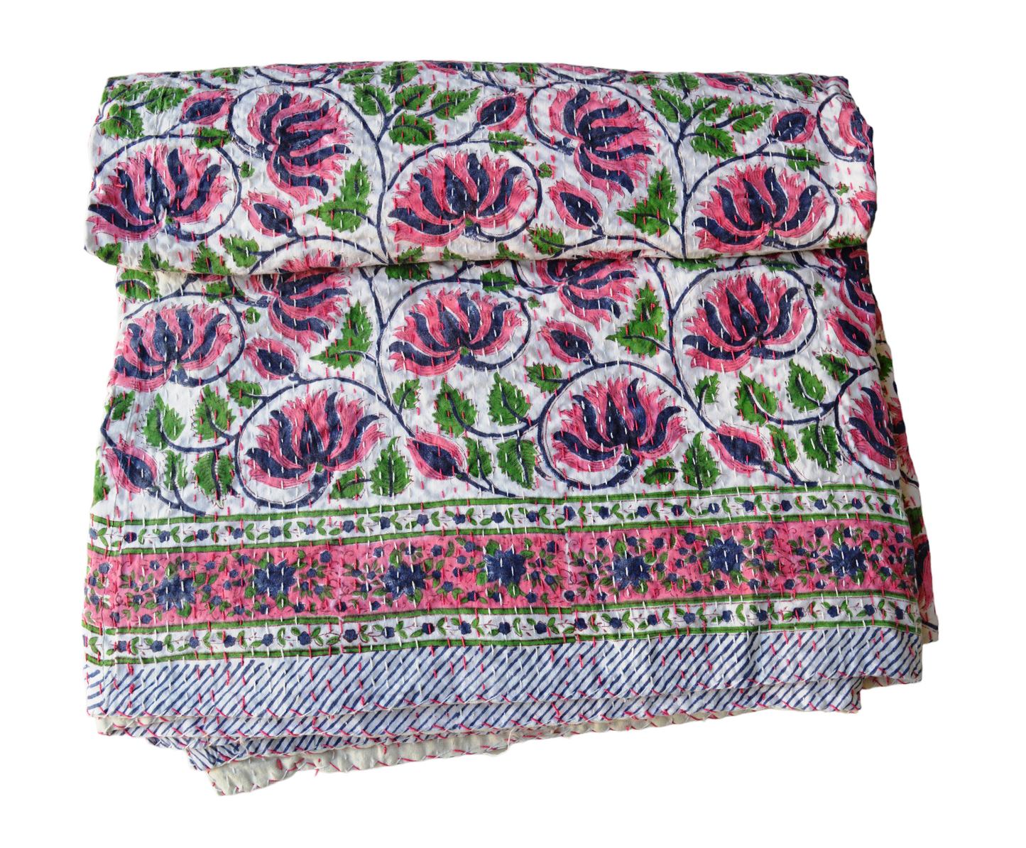 Handmade Cotton Kantha Bedspread Quilt Handmade Throw Blanket Gudari Traditional block Printed