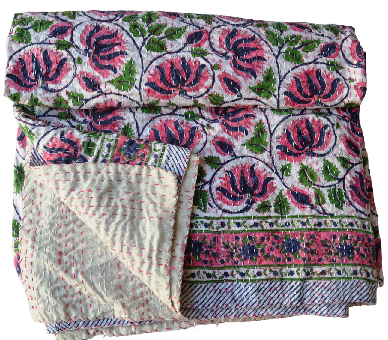 Handmade Cotton Kantha Bedspread Quilt Handmade Throw Blanket Gudari Traditional block Printed
