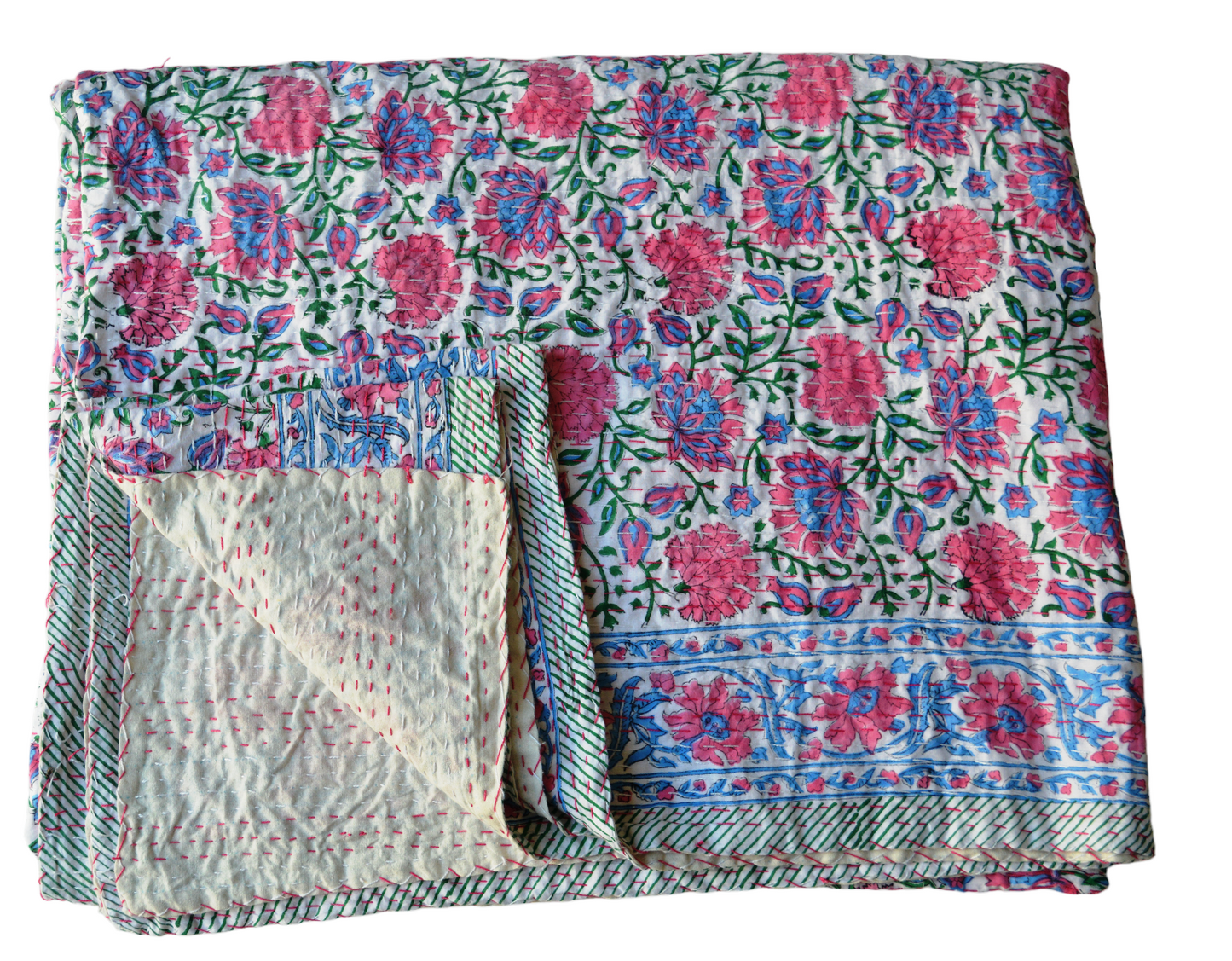 Handmade Cotton Kantha Bedspread Quilt Handmade Throw Blanket Gudari Traditional block Printed