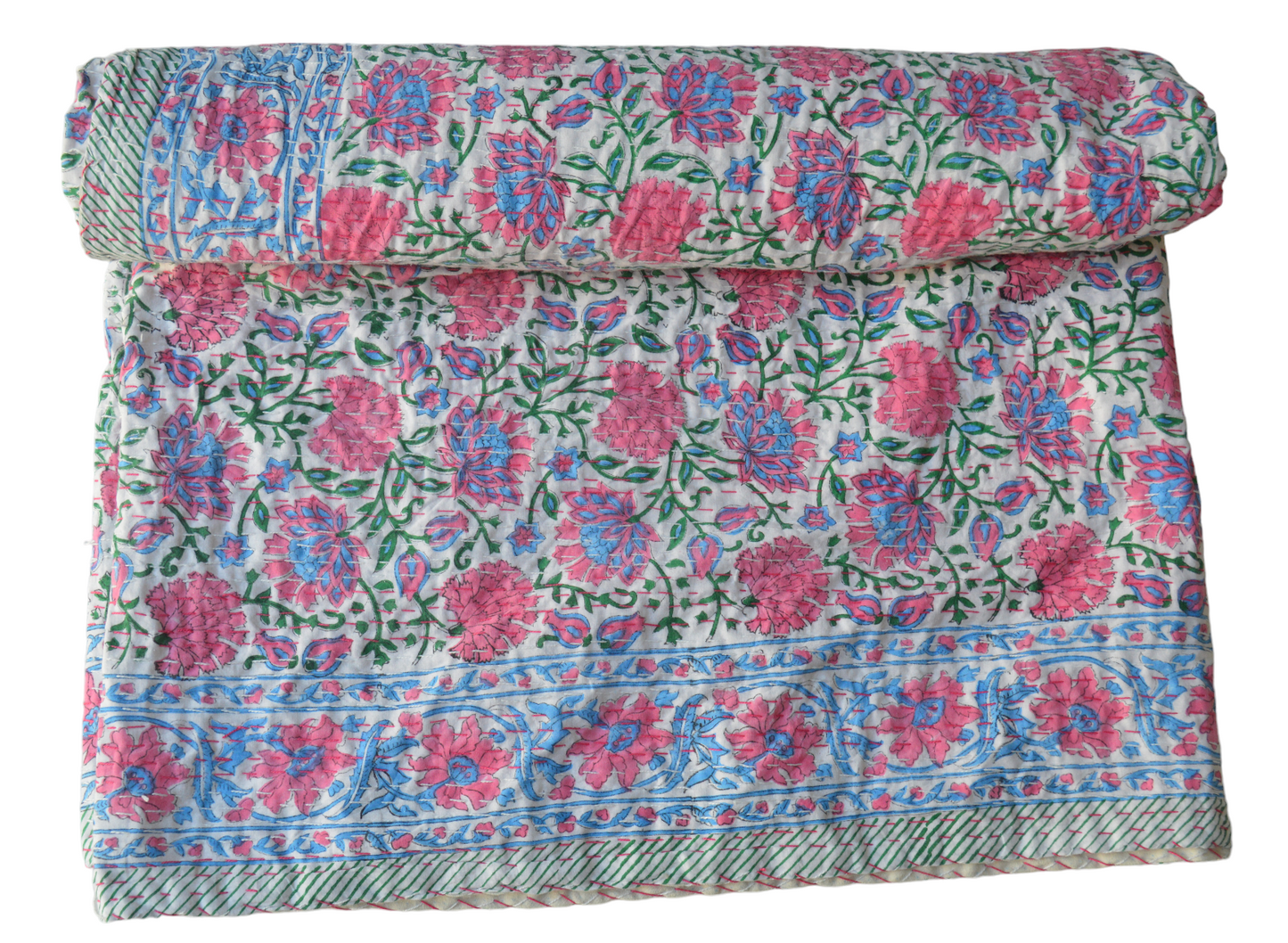 Handmade Cotton Kantha Bedspread Quilt Handmade Throw Blanket Gudari Traditional block Printed